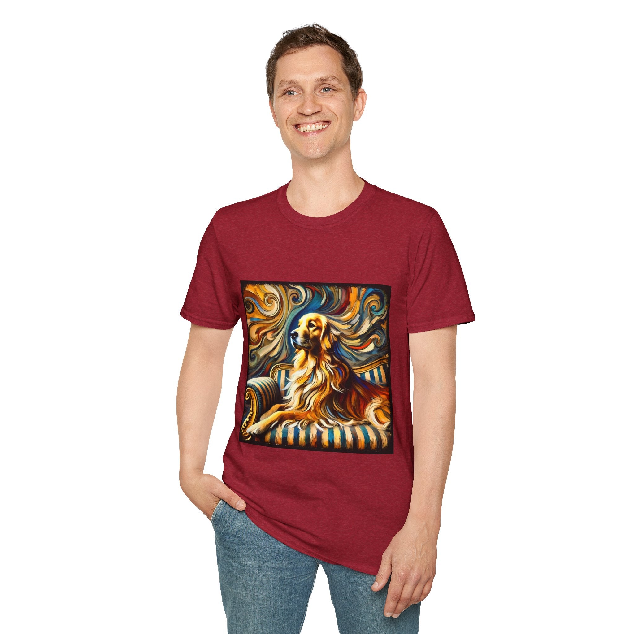 Male smiling in antique cherry red dog t-shirt featuring golden retriever on striped settee with swirling abstract background in golds.