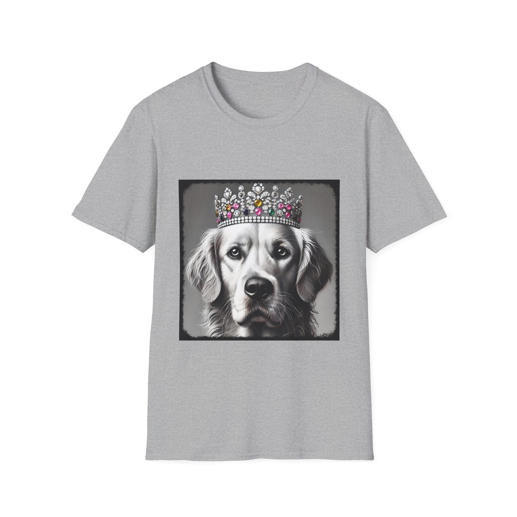 Sport gray dog t-shirt featuring a black-and-white princess Golden Retriever with jeweled crown on gray background.