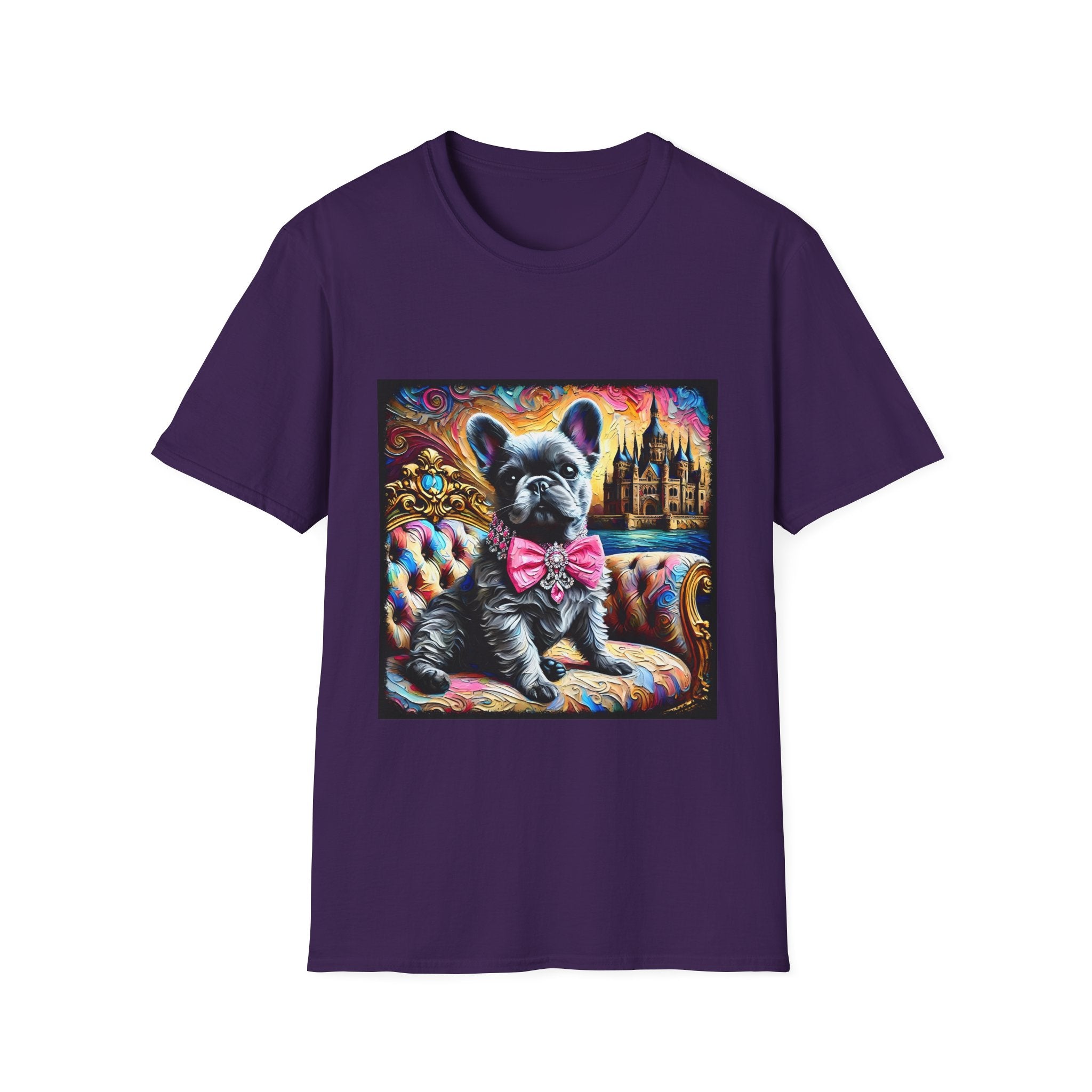 Purple dog t-shirt featuring a black French Bulldog in pink bow on ornate settee, with vivid castle and swirl background.