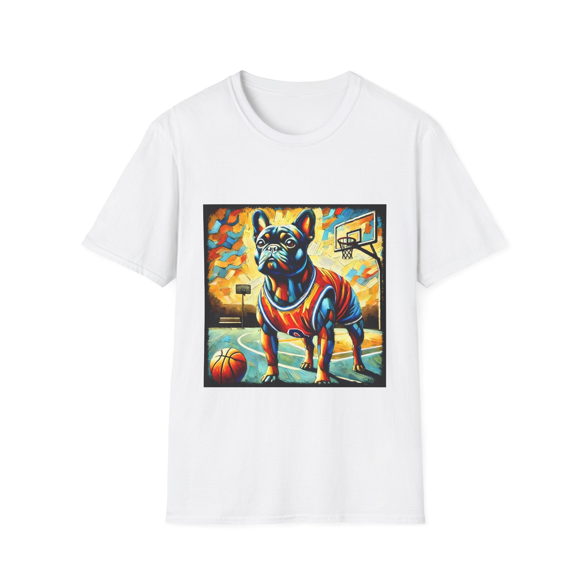 White dog t-shirt featuring French Bulldog in red jersey on basketball court, expressionism style.