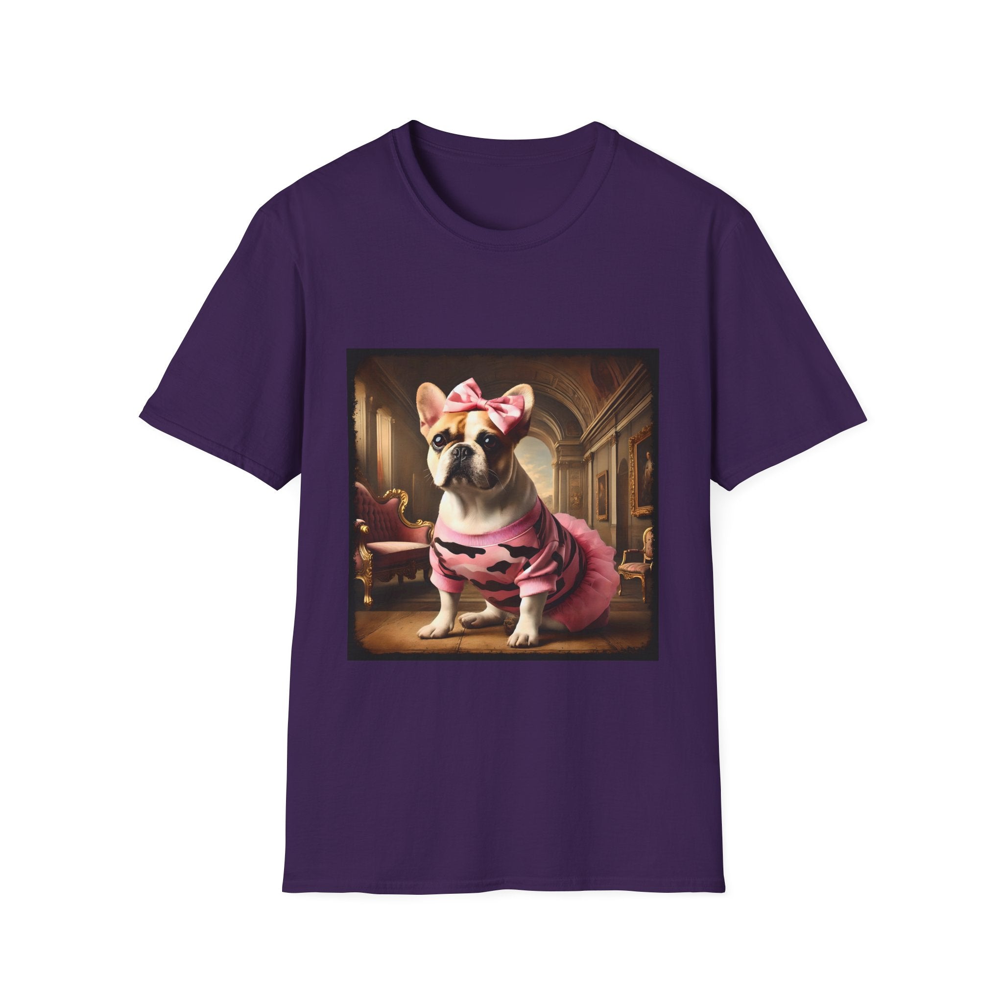 Purple dog t-shirt featuring fawn and white French Bulldog in pink camouflage dress and bow in ornate hallway scene.