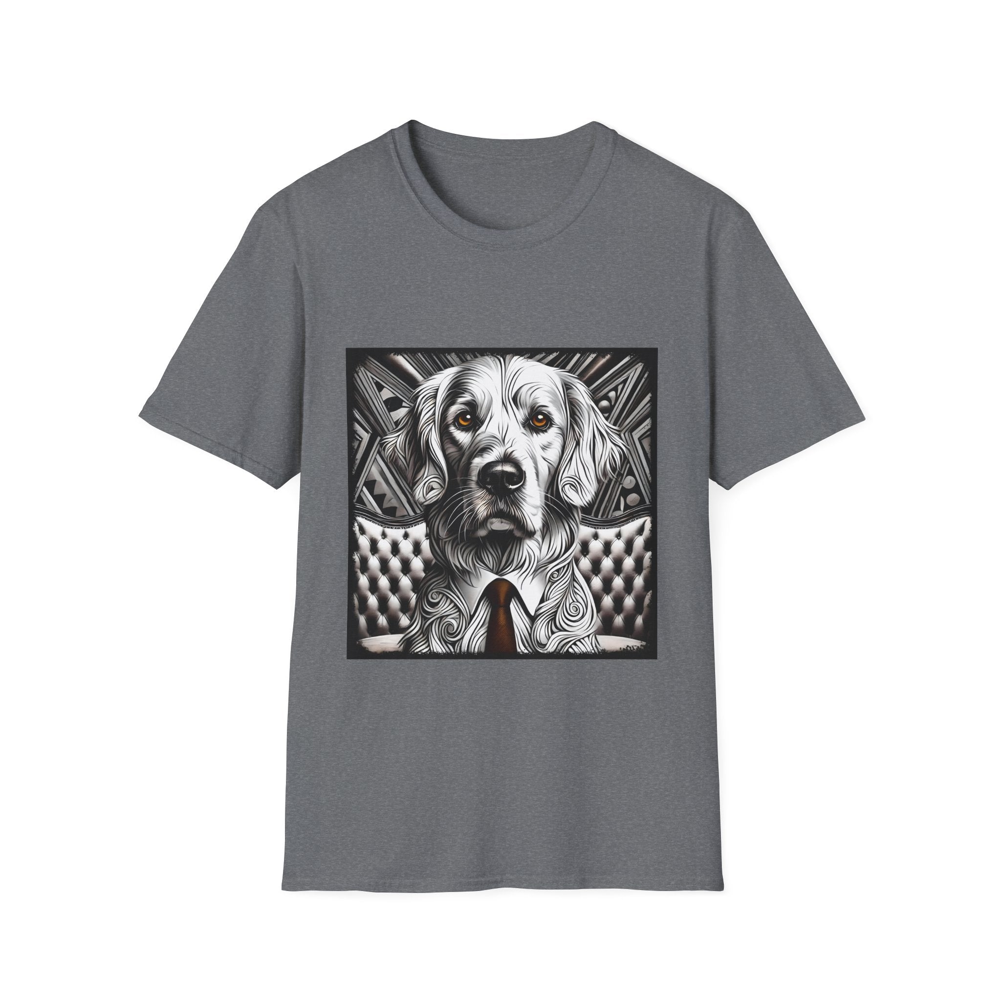 Graphite heather dog t-shirt featuring monochrome golden retriever with brown eyes and tie in front of settee.