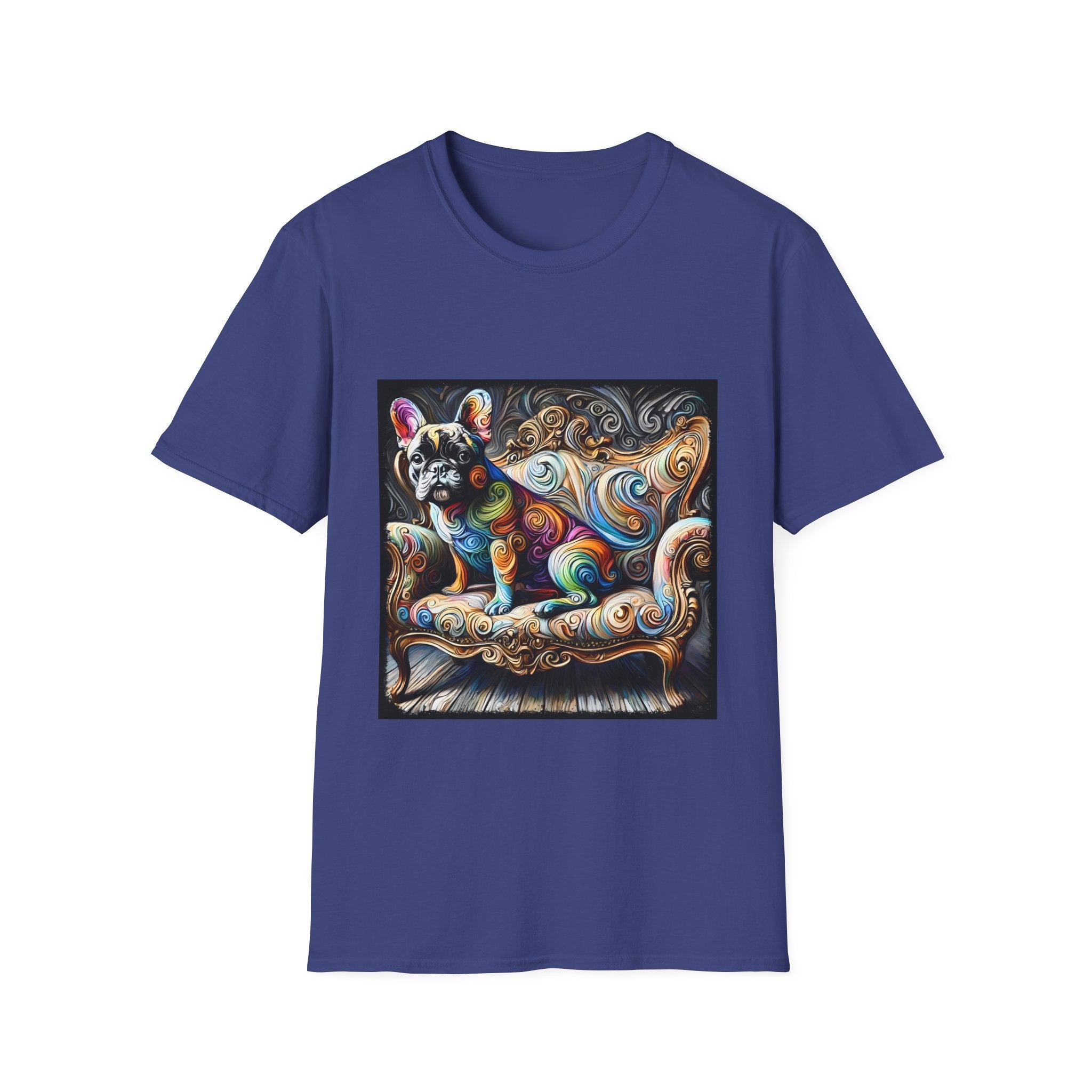 Royal blue t-shirt featuring rainbow French Bulldog on golden settee with swirl pattern, expressionism style.