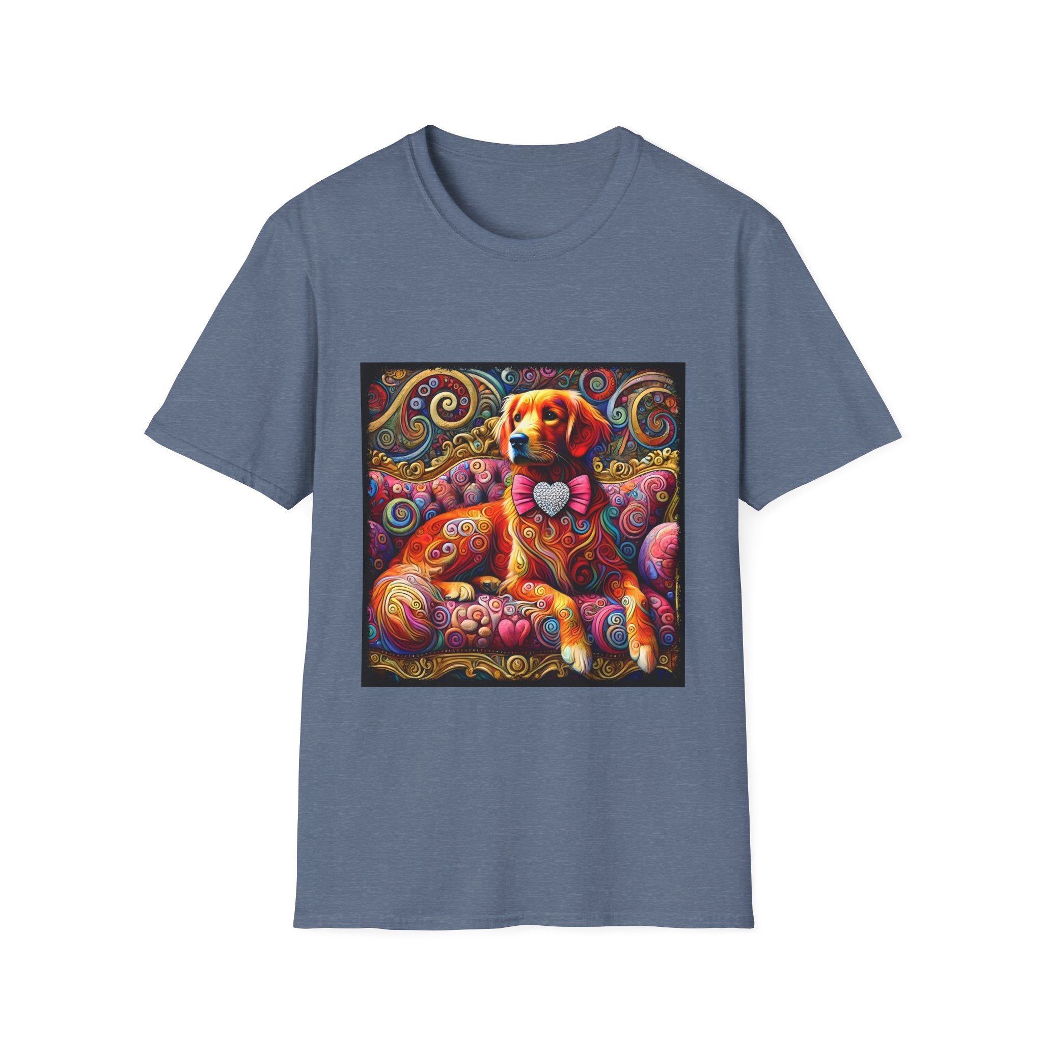 Heather indigo dog t-shirt with golden retriever in pink bow on vibrant swirl settee with heart details.