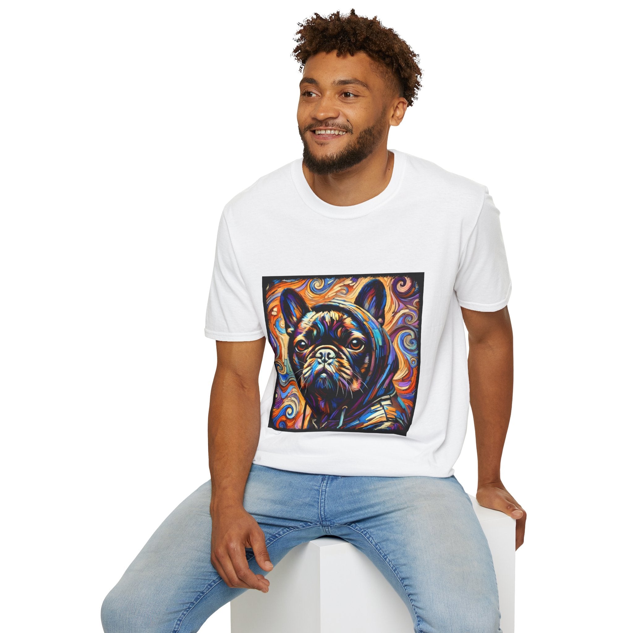 Male model in white dog t-shirt featuring colorful French Bulldog in hoodie with vivid swirl background.