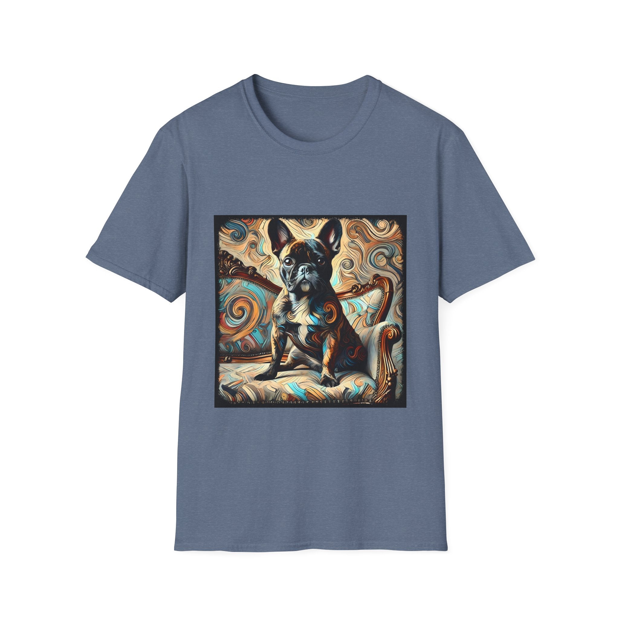 Heather indigo dog t-shirt featuring black and tan French Bulldog on ornate settee with swirl pattern background.