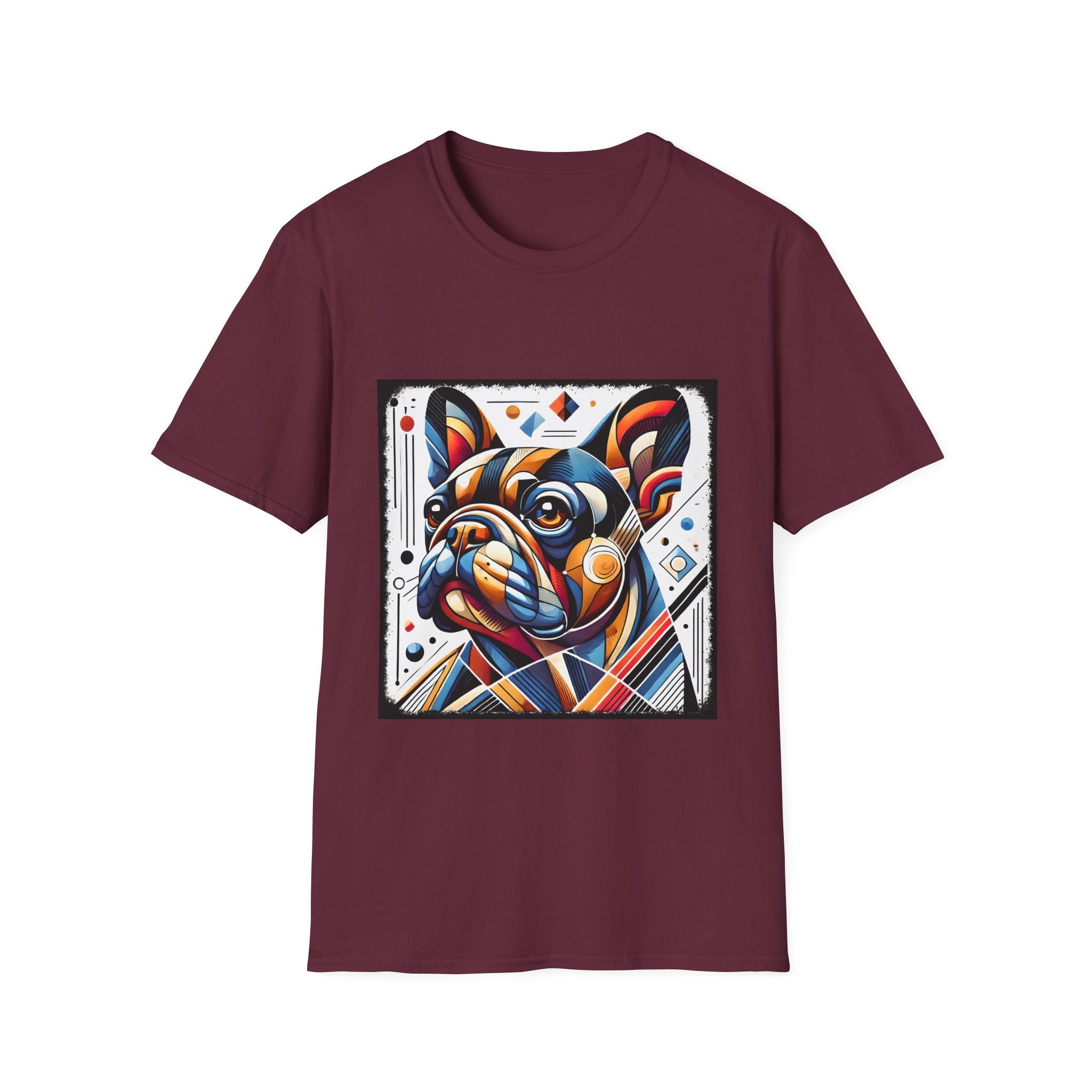 Maroon dog t-shirt featuring geometric-style French Bulldog in vivid orange, blue, and red against a white abstract background.