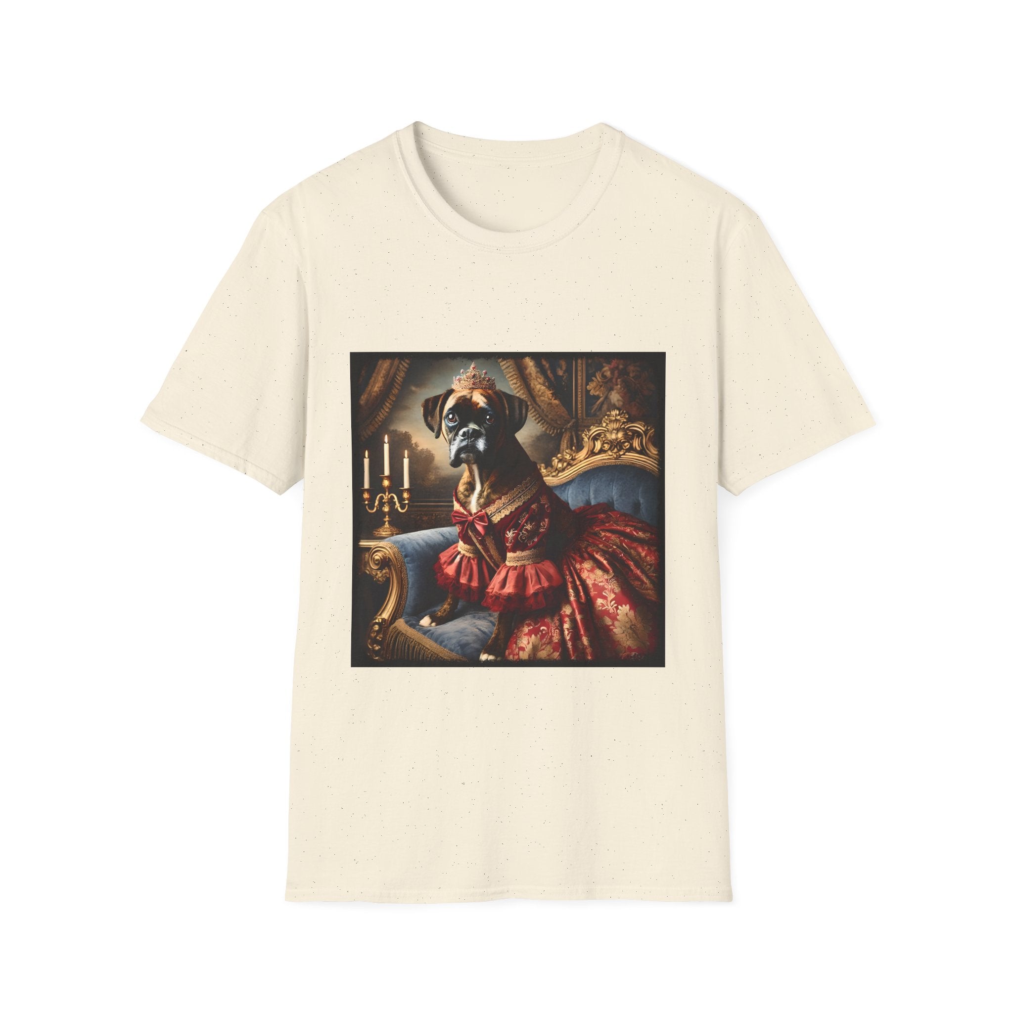 Natural dog t-shirt featuring boxer in ornate red gown and tiara seated on royal blue armchair.