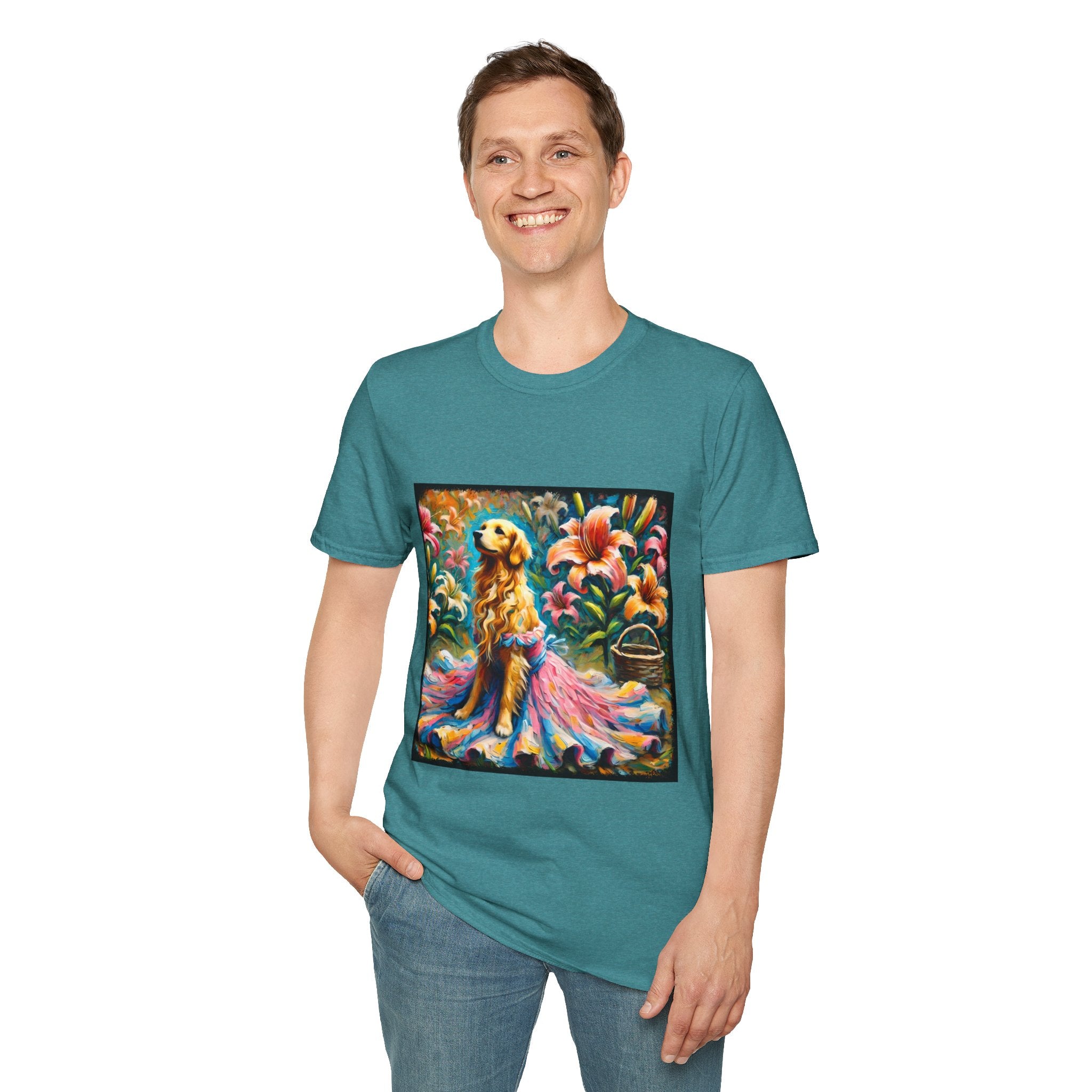 Male model in teal dog t-shirt featuring golden retriever in pink-and-purple gown surrounded by vibrant tropical flowers.