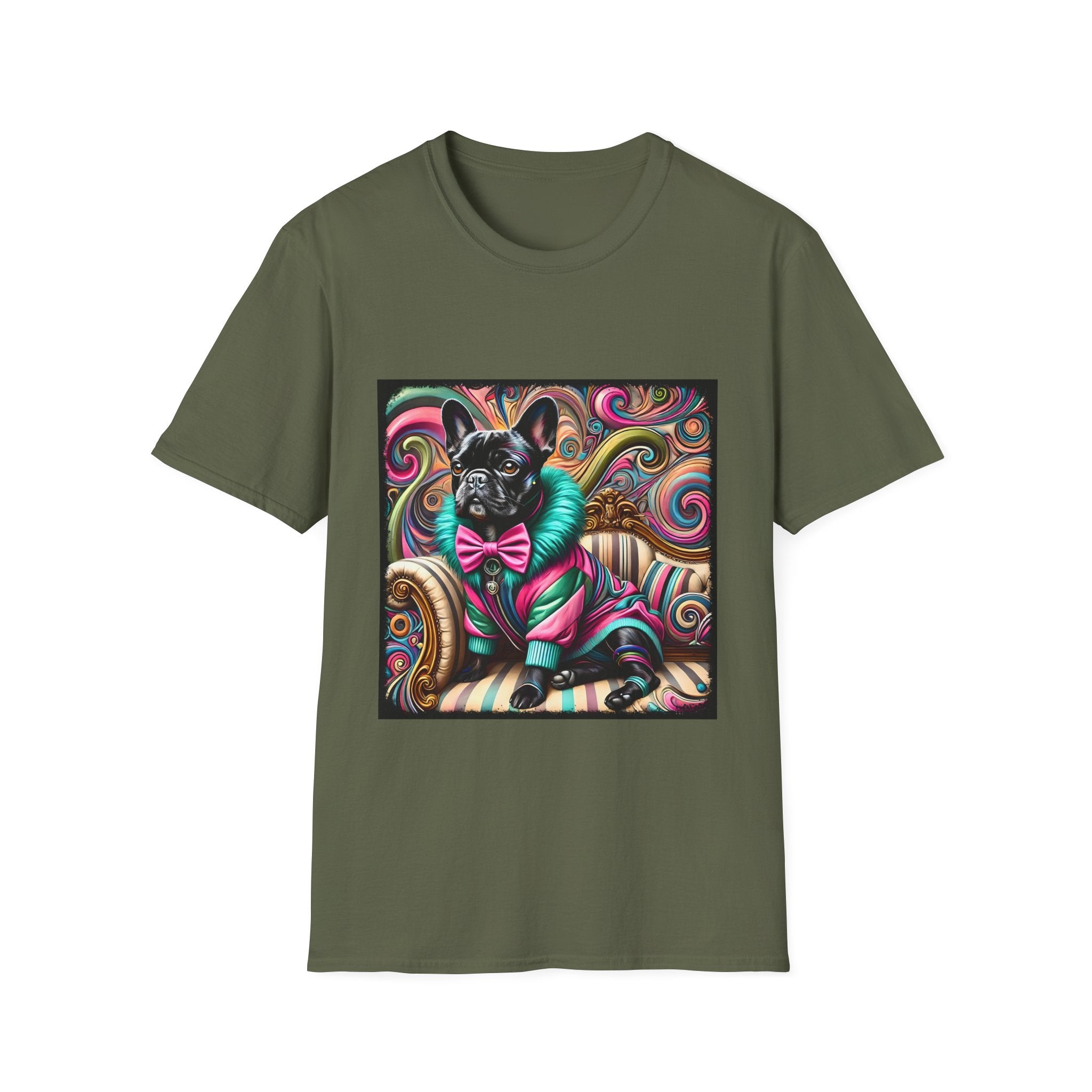 Dog t-shirt in military green featuring black French Bulldog in pink and teal outfit on ornate striped settee with swirl background.