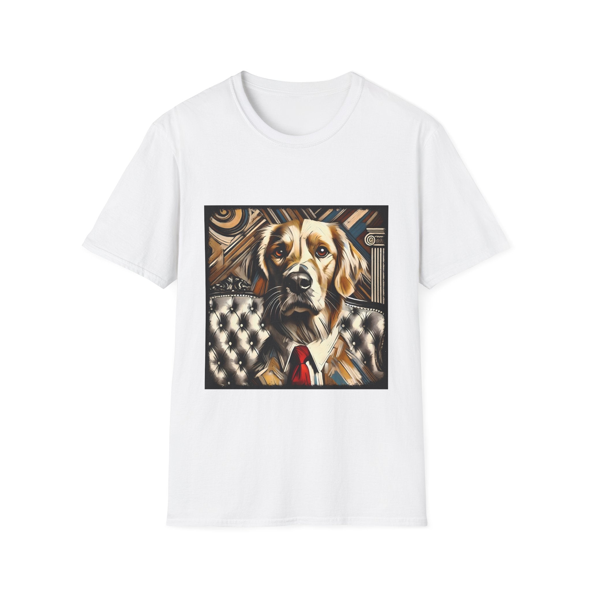 White dog t-shirt featuring golden retriever in suit and red tie, seated on tufted chair with abstract backdrop.