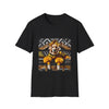 Black dog t-shirt with golden retriever in yellow-black outfit on gold settee, black and white art deco backdrop.