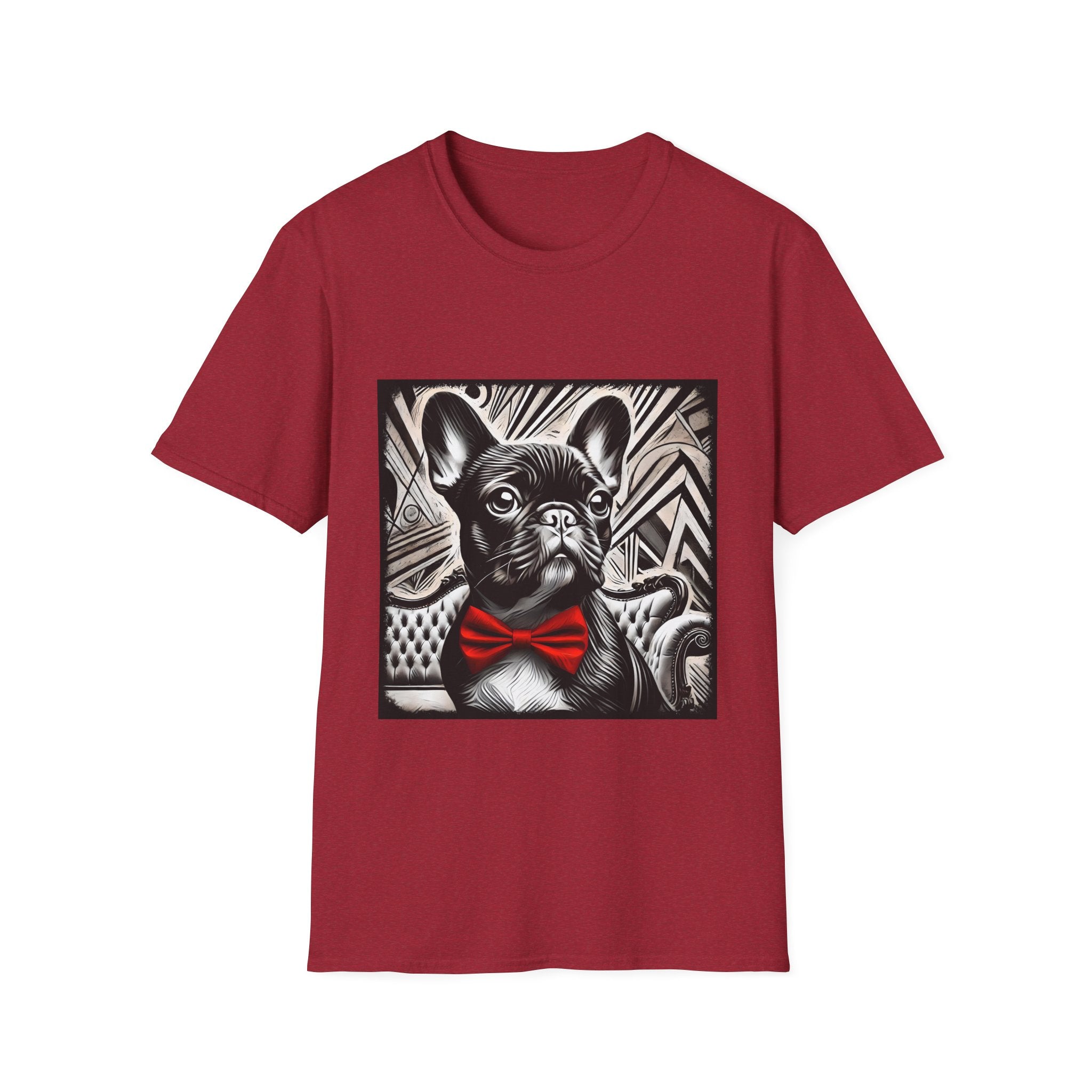 Antique cherry red dog t-shirt featuring a black and white French Bulldog with a bold red bow tie and art deco backdrop.
