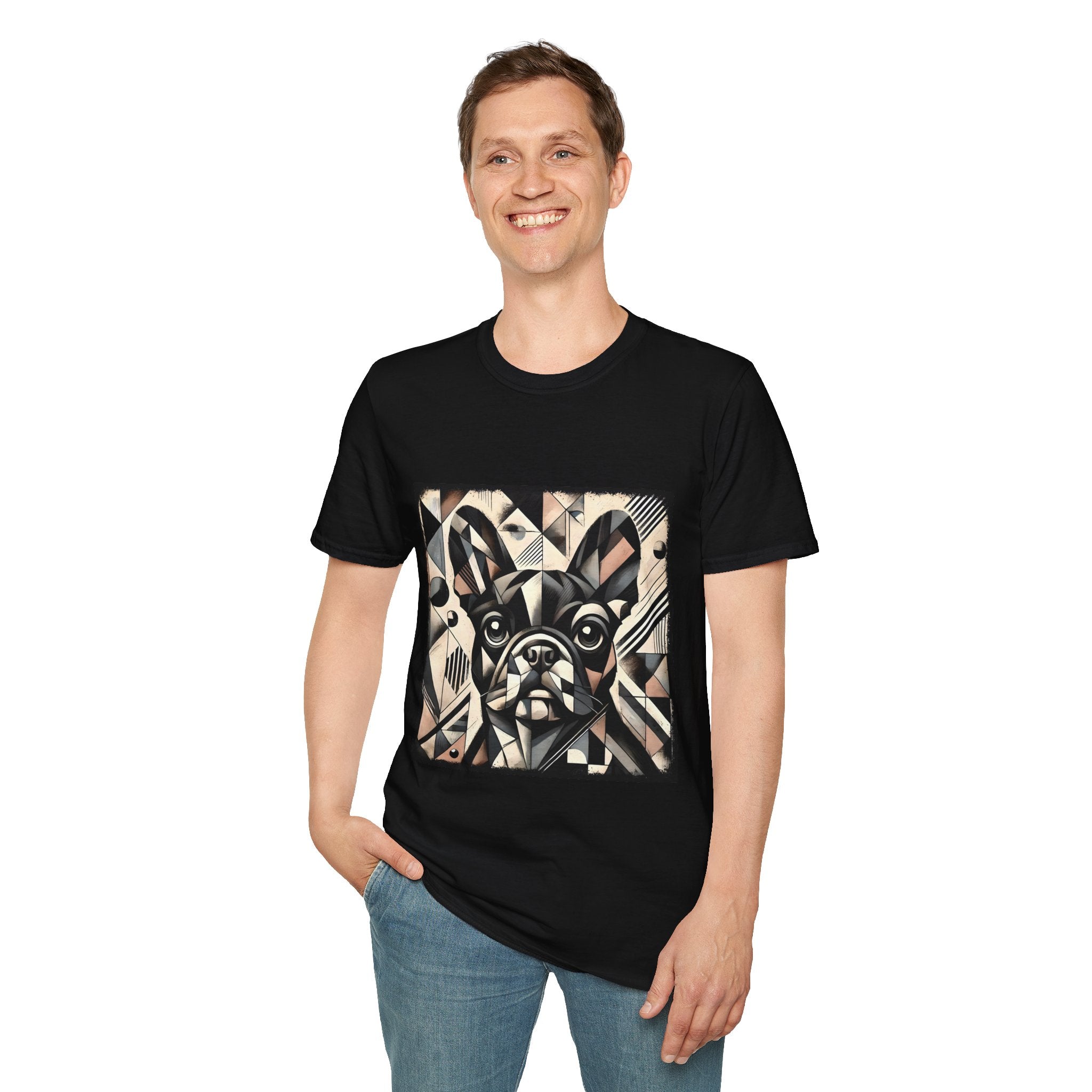 Man smiling in black dog t-shirt featuring geometric French Bulldog in cubist tones of black, beige, cream, and soft blush.