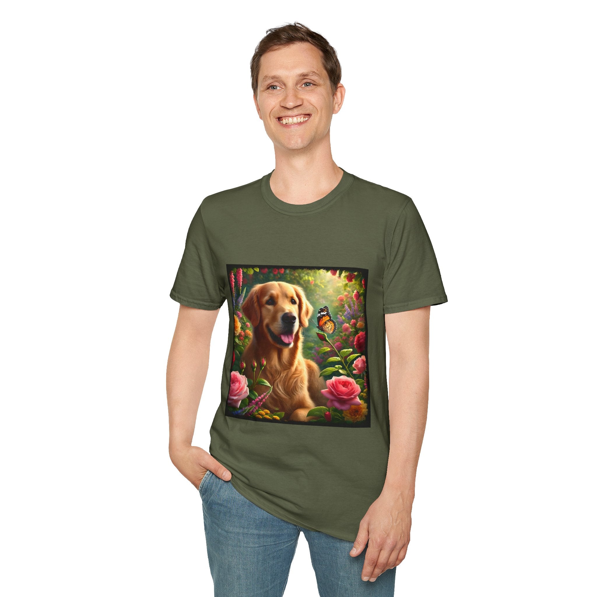 Male model wears military green dog t-shirt featuring a golden retriever in a vibrant garden with roses, wildflowers, and a butterfly.