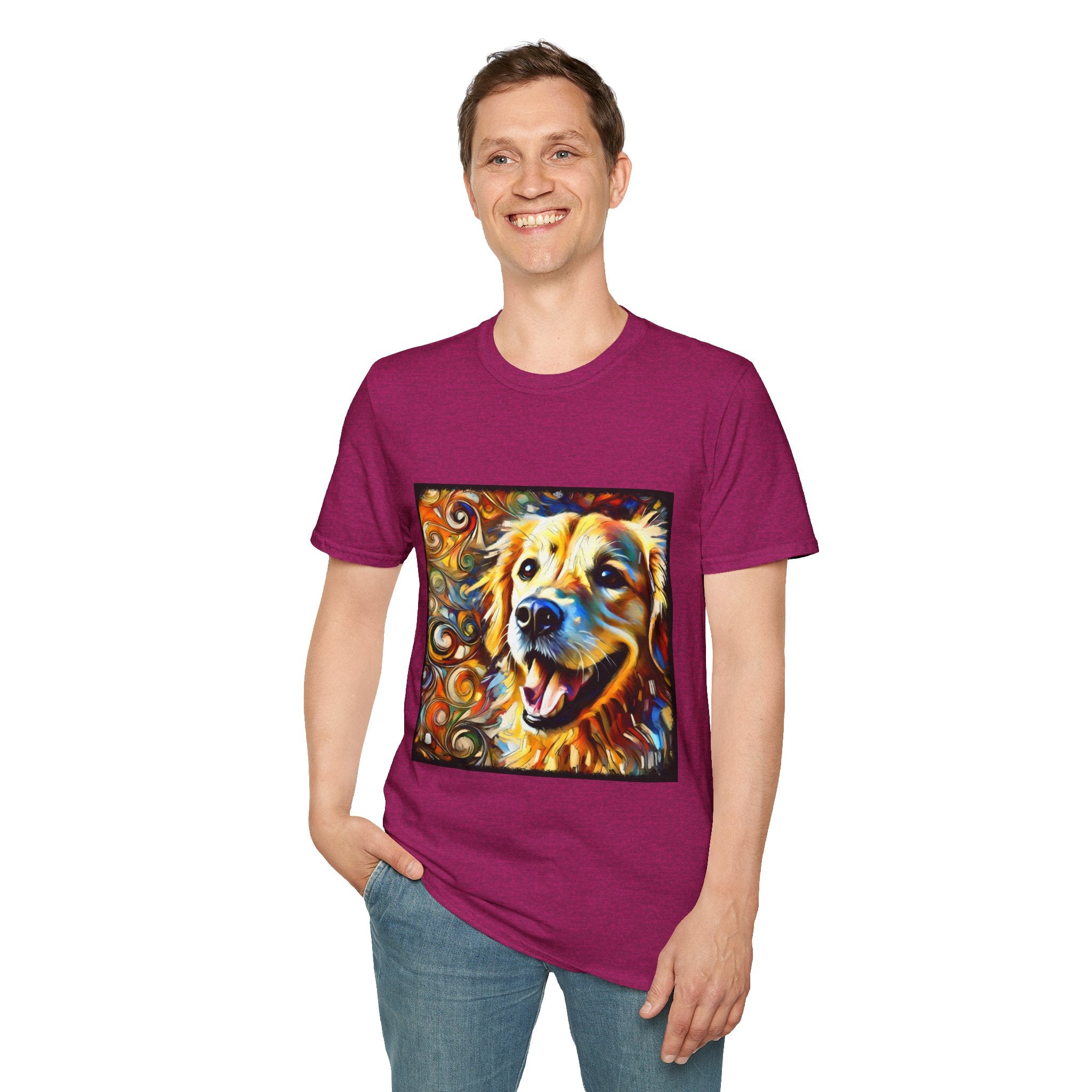 Male model in heather berry dog t-shirt featuring smiling golden retriever portrait with bold swirls in orange, gold, and blue.