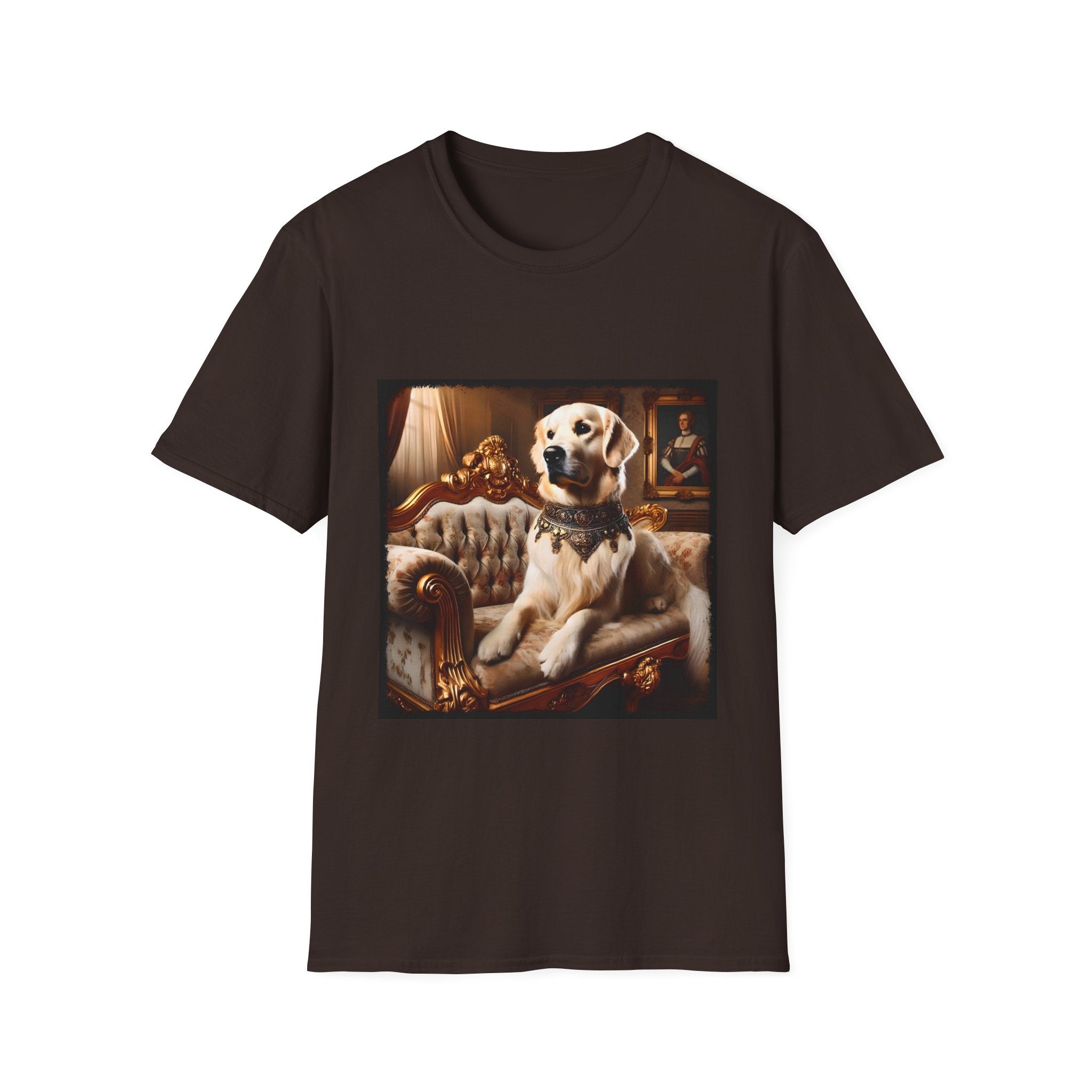 Dark chocolate dog t-shirt featuring golden retriever in jeweled collar on ornate cream and gold settee, regal setting.