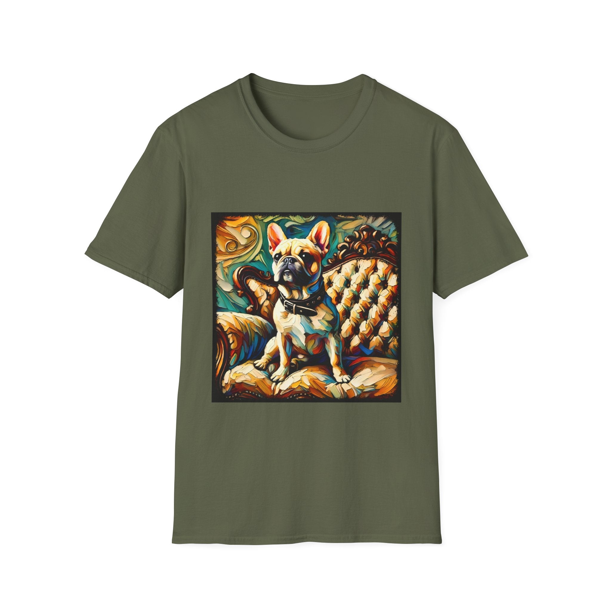Military green dog t-shirt featuring fawn French Bulldog with collar on golden tufted settee and bold swirl backdrop.