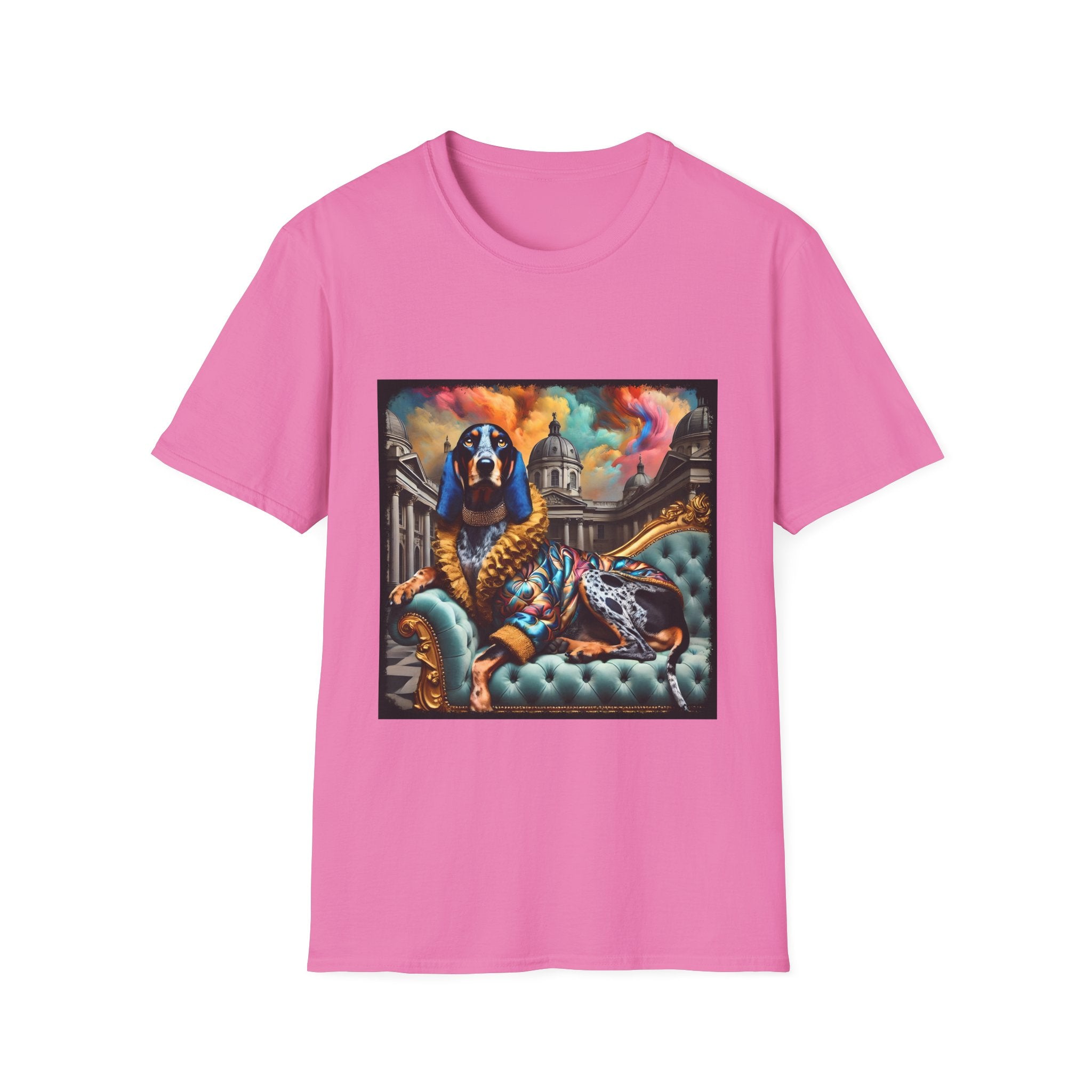 Pink dog t-shirt featuring coonhound on teal settee wearing ornate gold-trimmed robe with silk scarf.