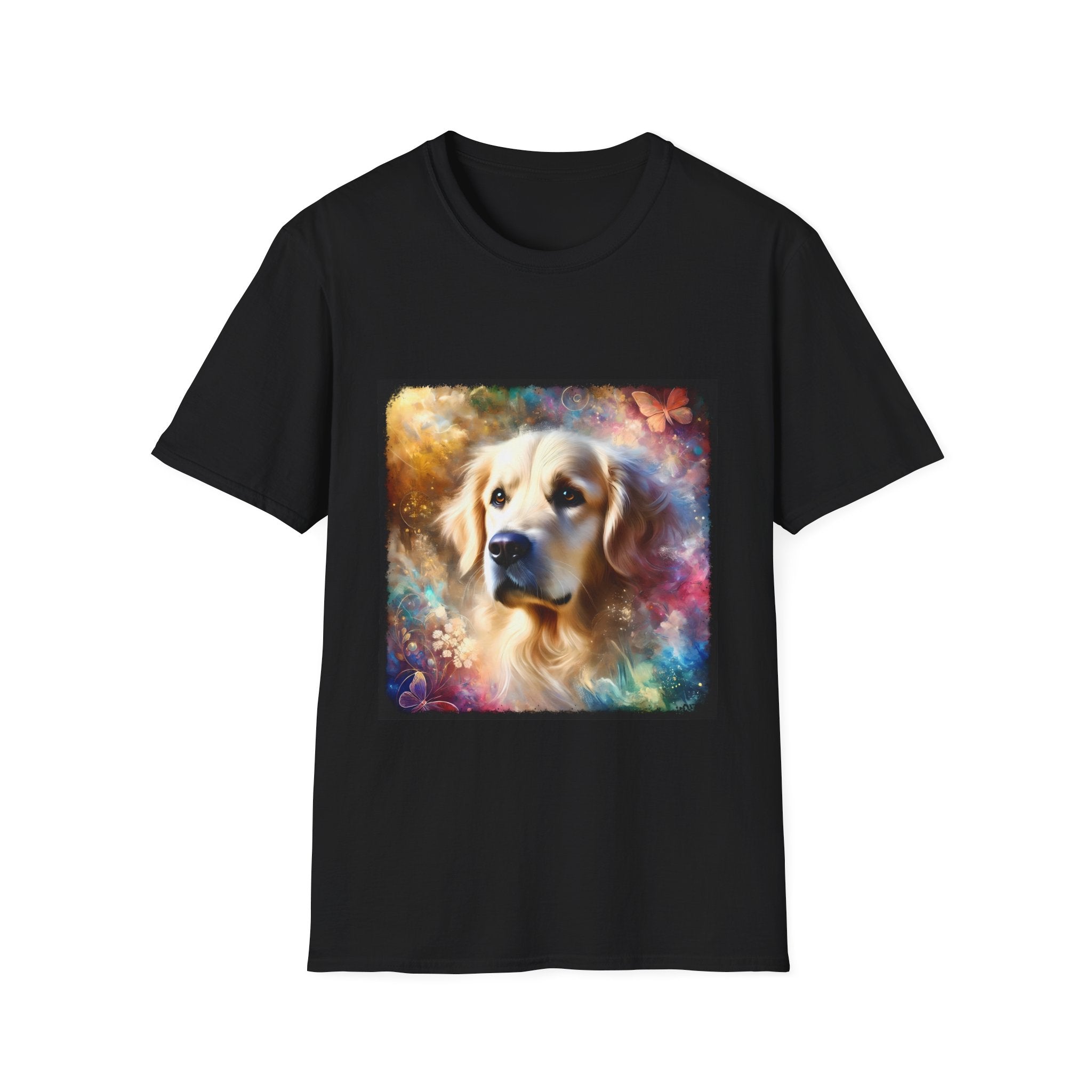 Black dog t-shirt with golden retriever portrait, soft fur, butterflies, and dreamy pastel colors.