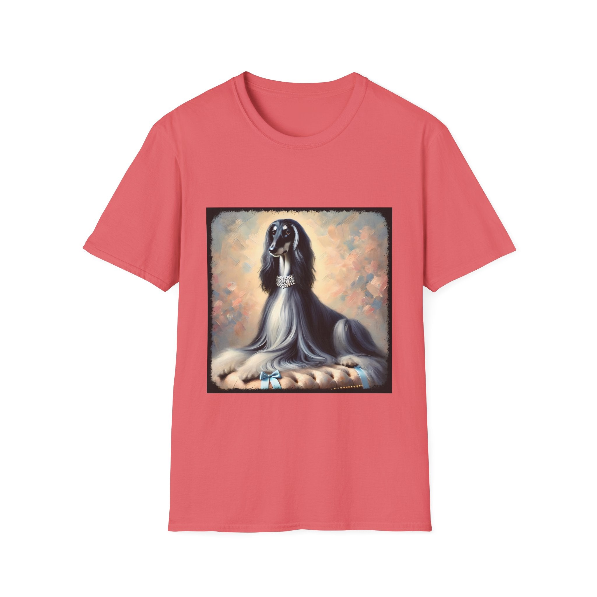 Front view of coral dog t-shirt featuring black and white Afghan Hound on cushion with diamond necklace, pastel background.