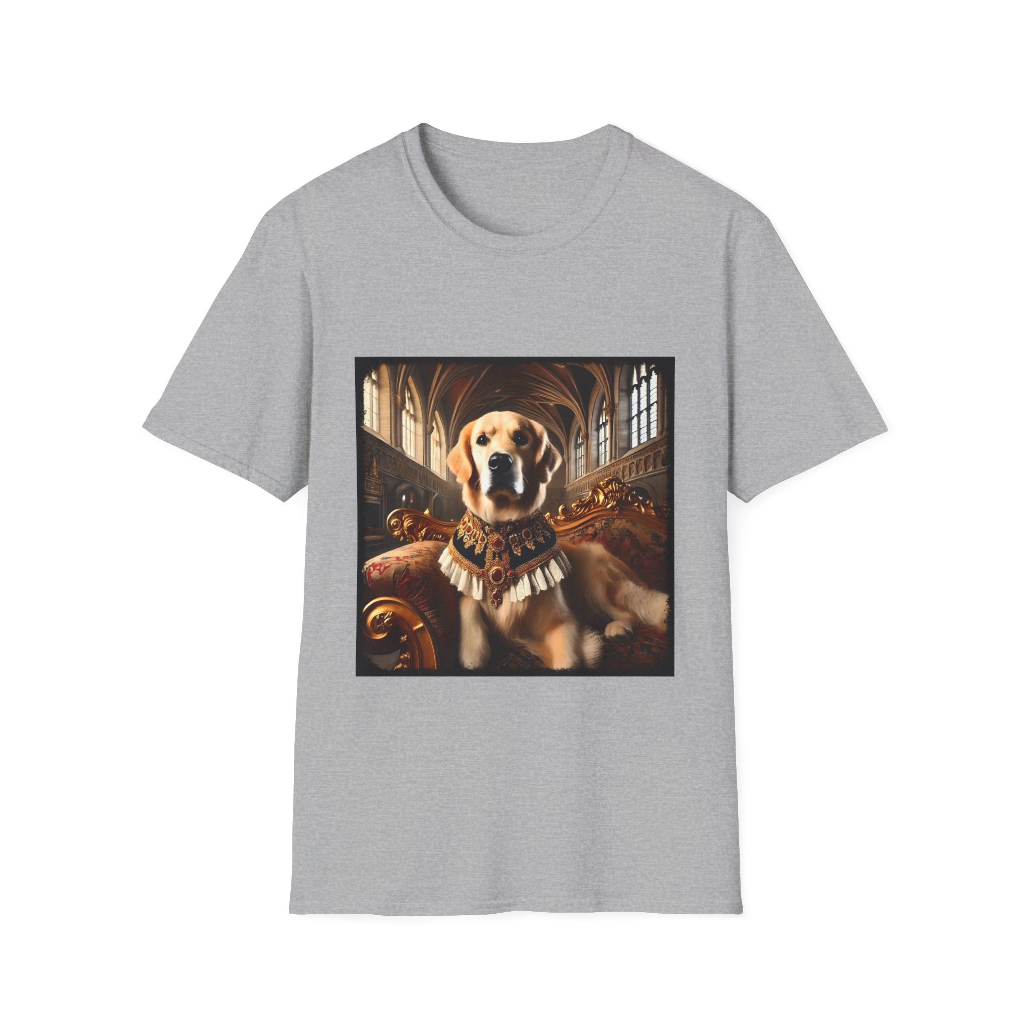 Sport gray dog t-shirt featuring golden retriever in royal collar on ornate settee in gothic hall.