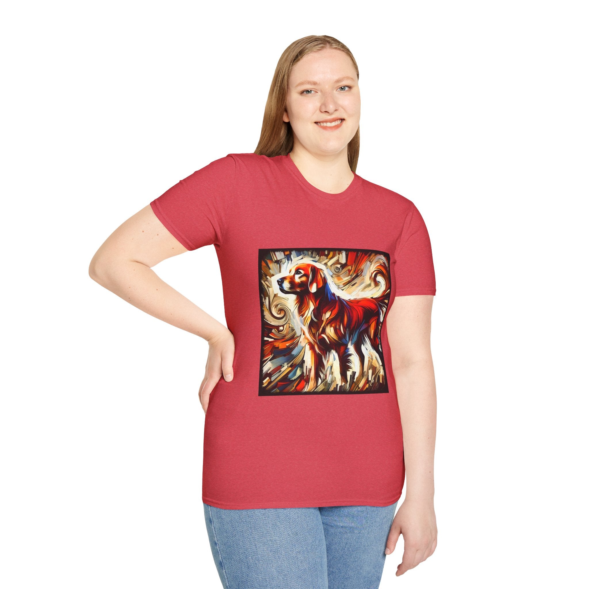 Female model in heather red dog t-shirt with golden retriever in red coat, abstract swirl background in bold warm tones.