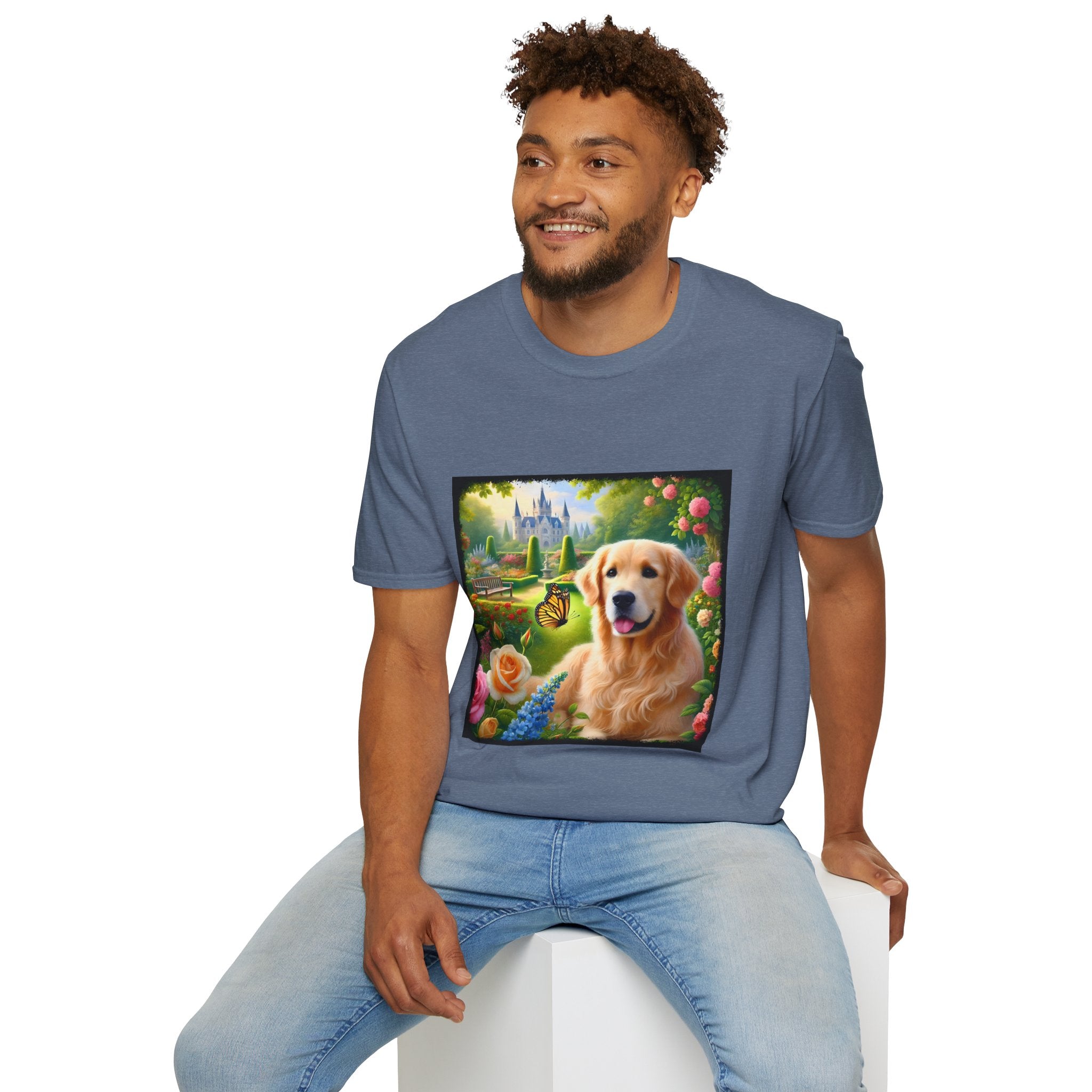 Male model wears heather indigo dog t-shirt featuring a golden retriever in a vibrant castle garden with blooming roses and a butterfly.