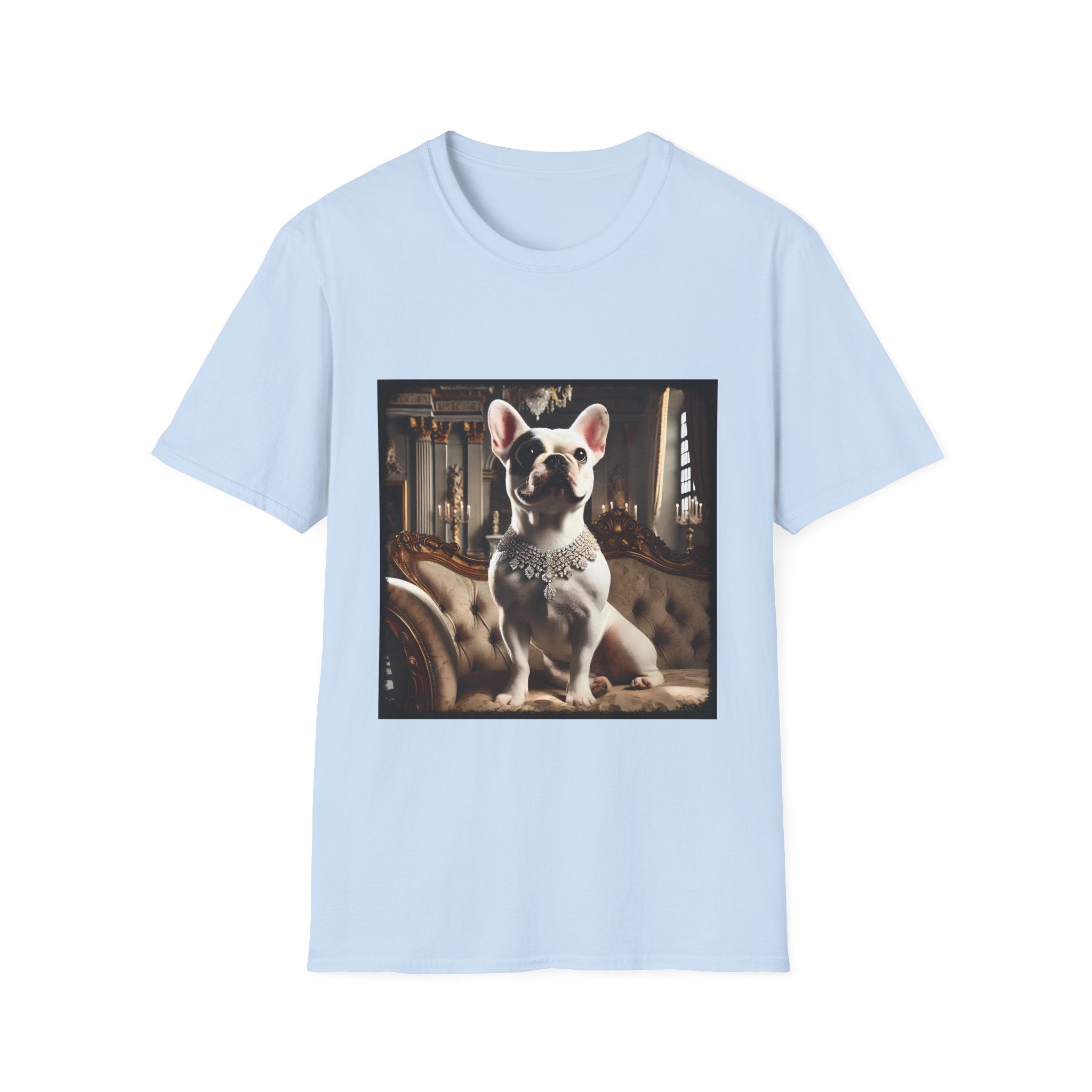 Light blue dog t-shirt featuring white French Bulldog wearing jeweled necklace, seated on tufted settee in elegant palace setting.