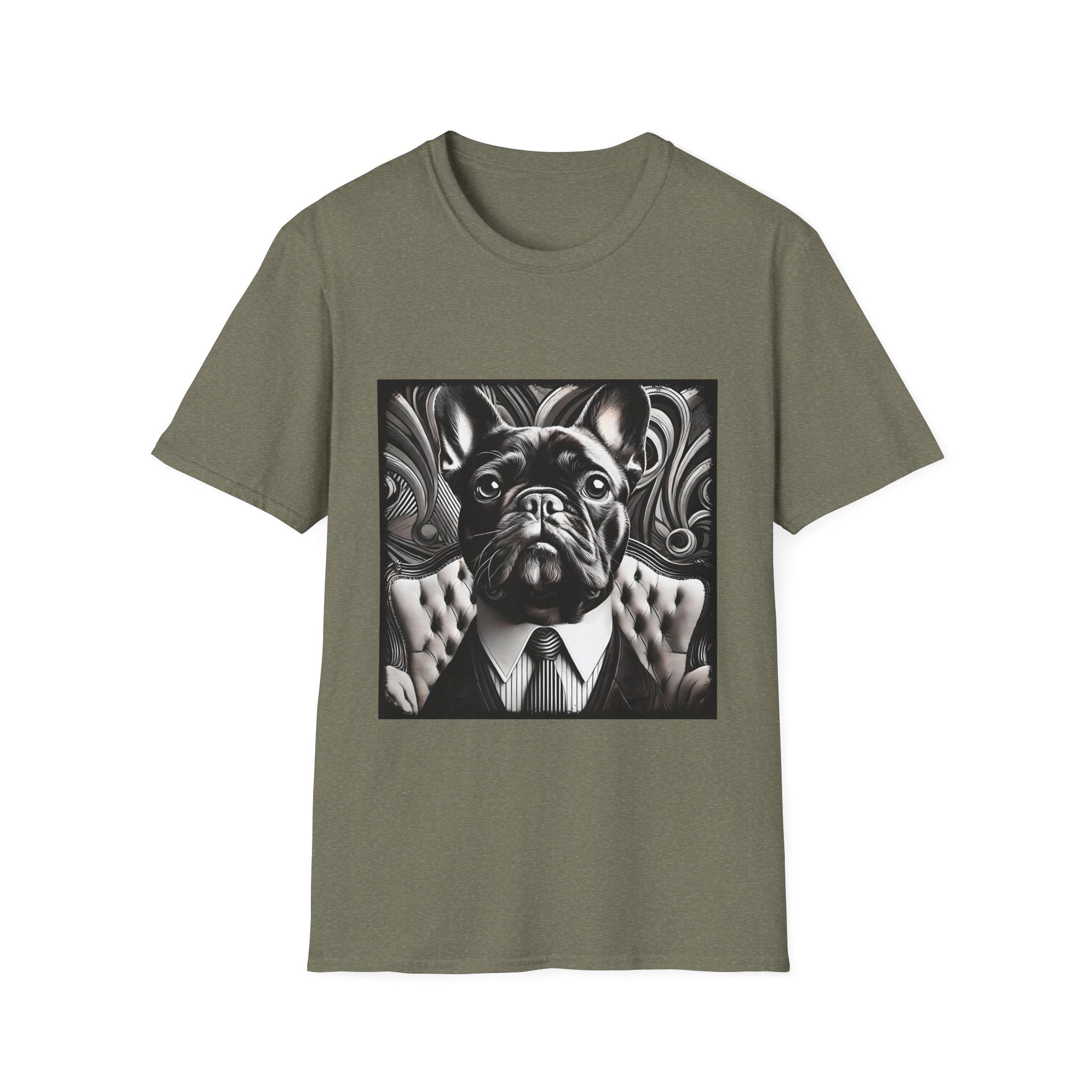 Heather military green dog t-shirt featuring black French Bulldog in suit with swirl background, monochrome style.