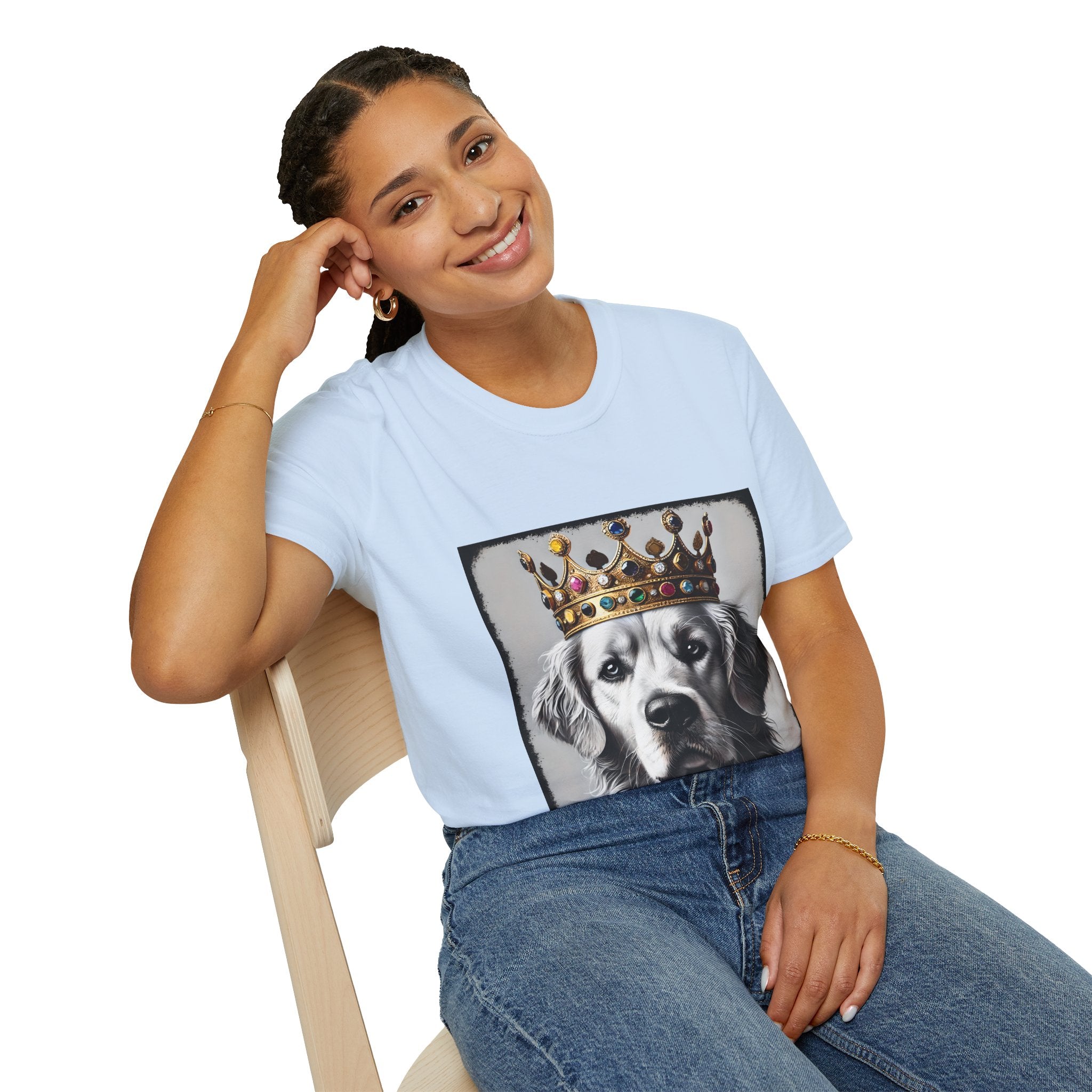 Female model in light blue dog t-shirt featuring a black-and-white golden retriever in jeweled crown on gray backdrop.