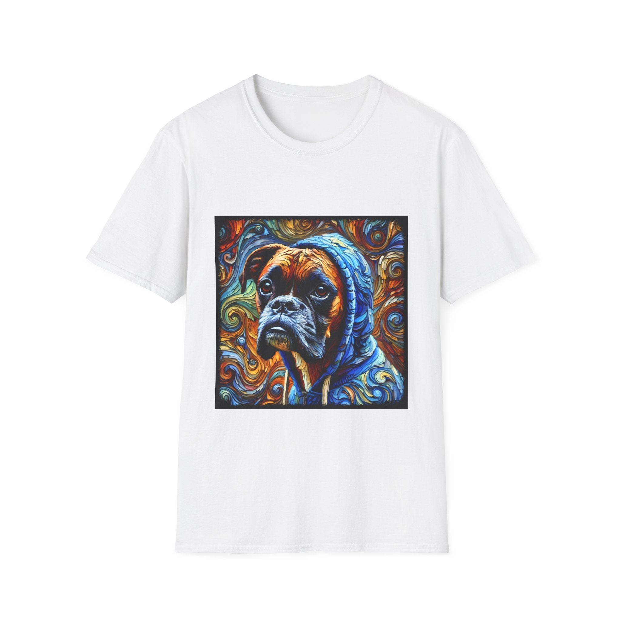 White dog t-shirt featuring a boxer in a blue hoodie with swirled orange, gold, and teal background design.