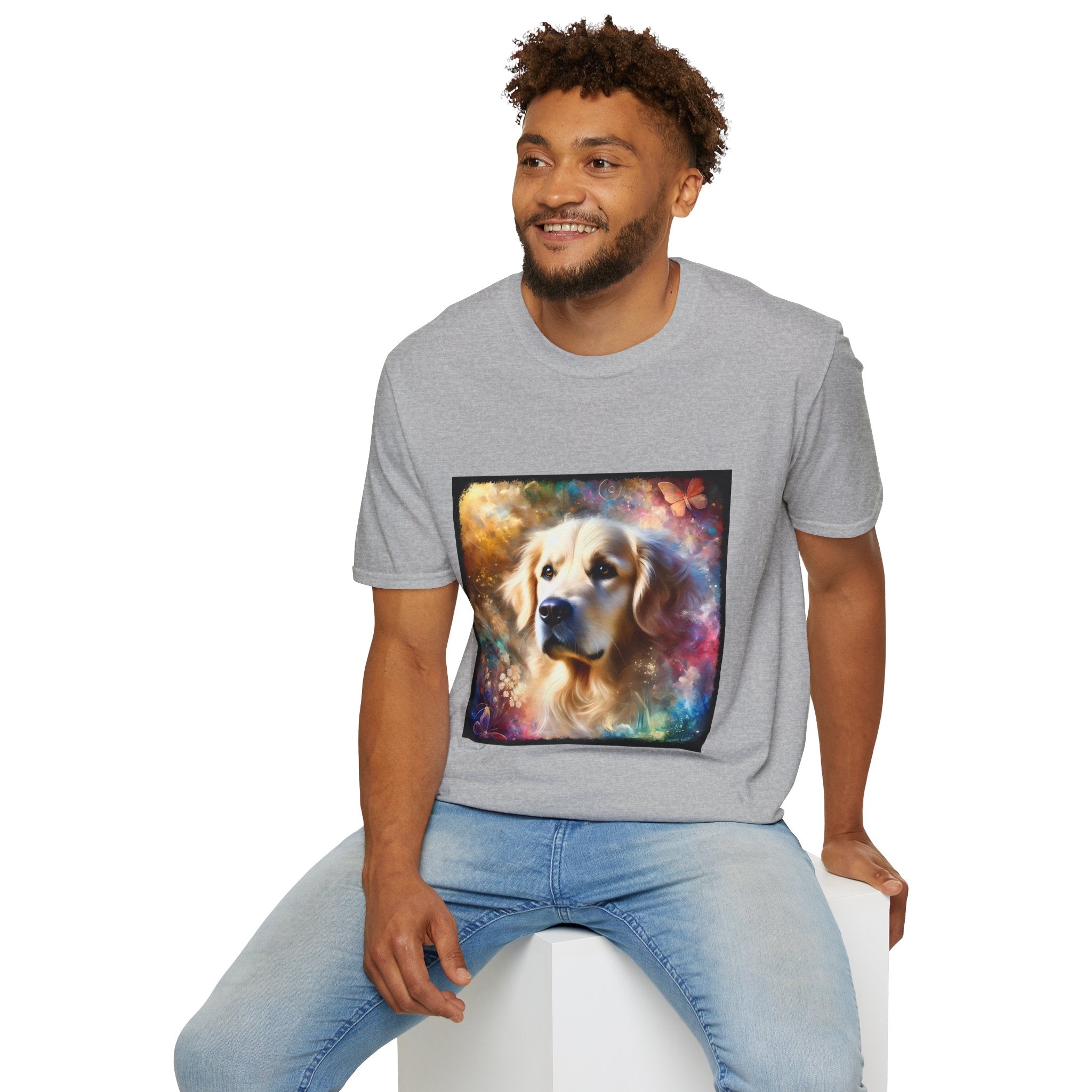 Male model in sport gray dog t-shirt with golden retriever portrait, soft fur, butterflies, and dreamy pastel colors.