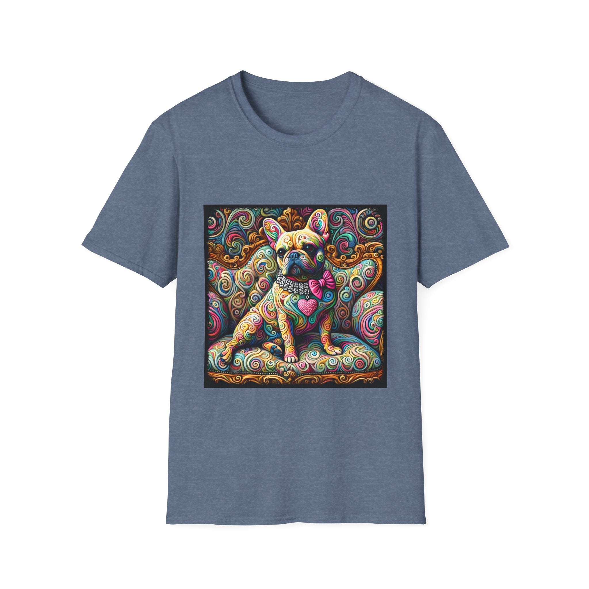 Heather indigo dog t-shirt featuring a tan French Bulldog with pink bow and heart on a vivid rainbow swirl couch.