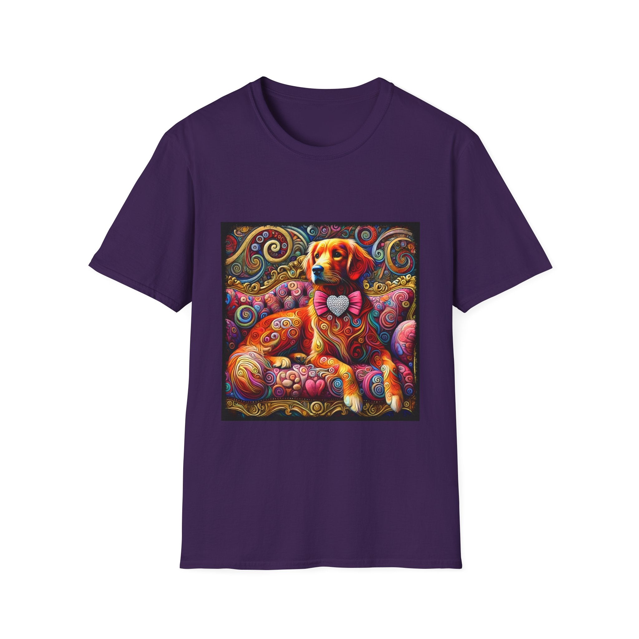 Purple dog t-shirt with golden retriever in pink bow on vibrant swirl settee with heart details.