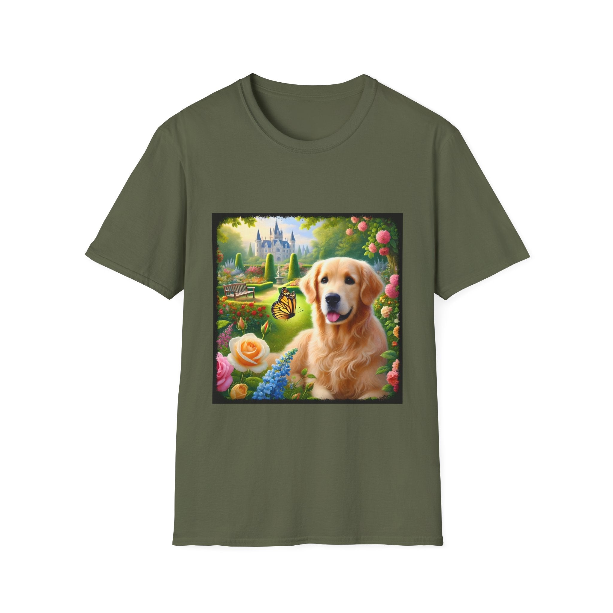 Military green dog t-shirt featuring a golden retriever in a vibrant castle garden with blooming roses and a butterfly.