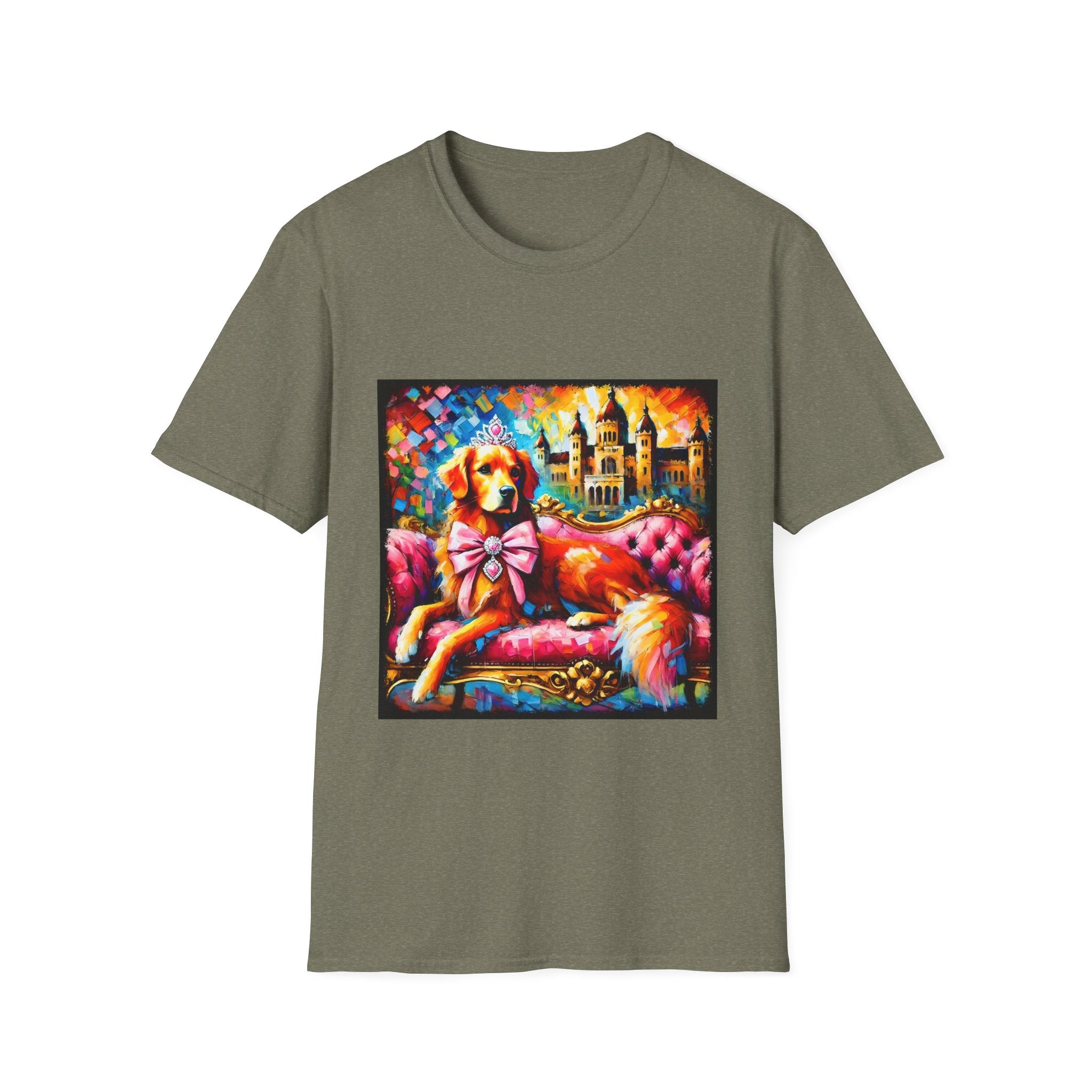 Heather military green dog t-shirt featuring golden retriever princess on pink settee with tiara and castle backdrop.