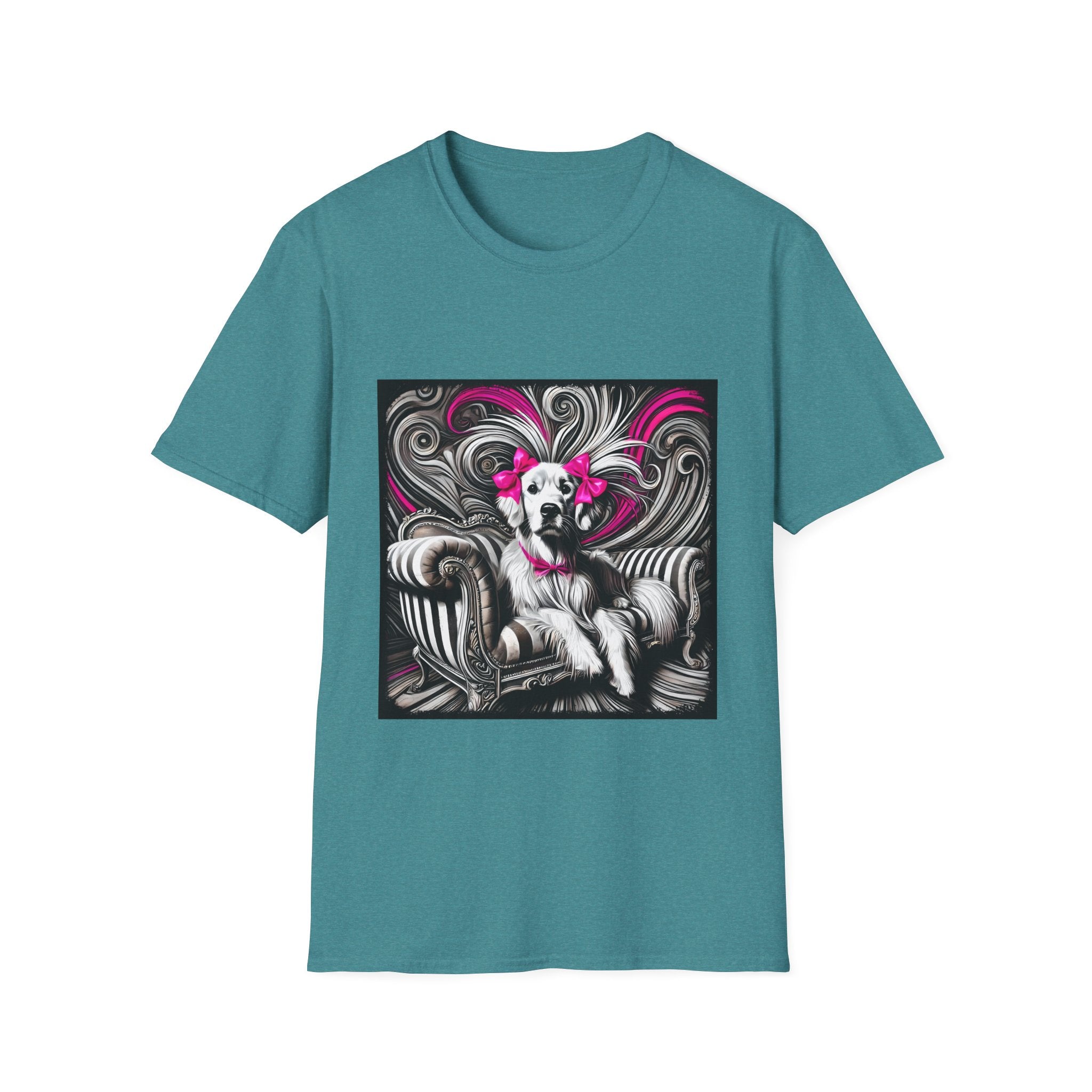 Teal dog t-shirt featuring black-and-white art of retriever with pink bows and swirling accents.