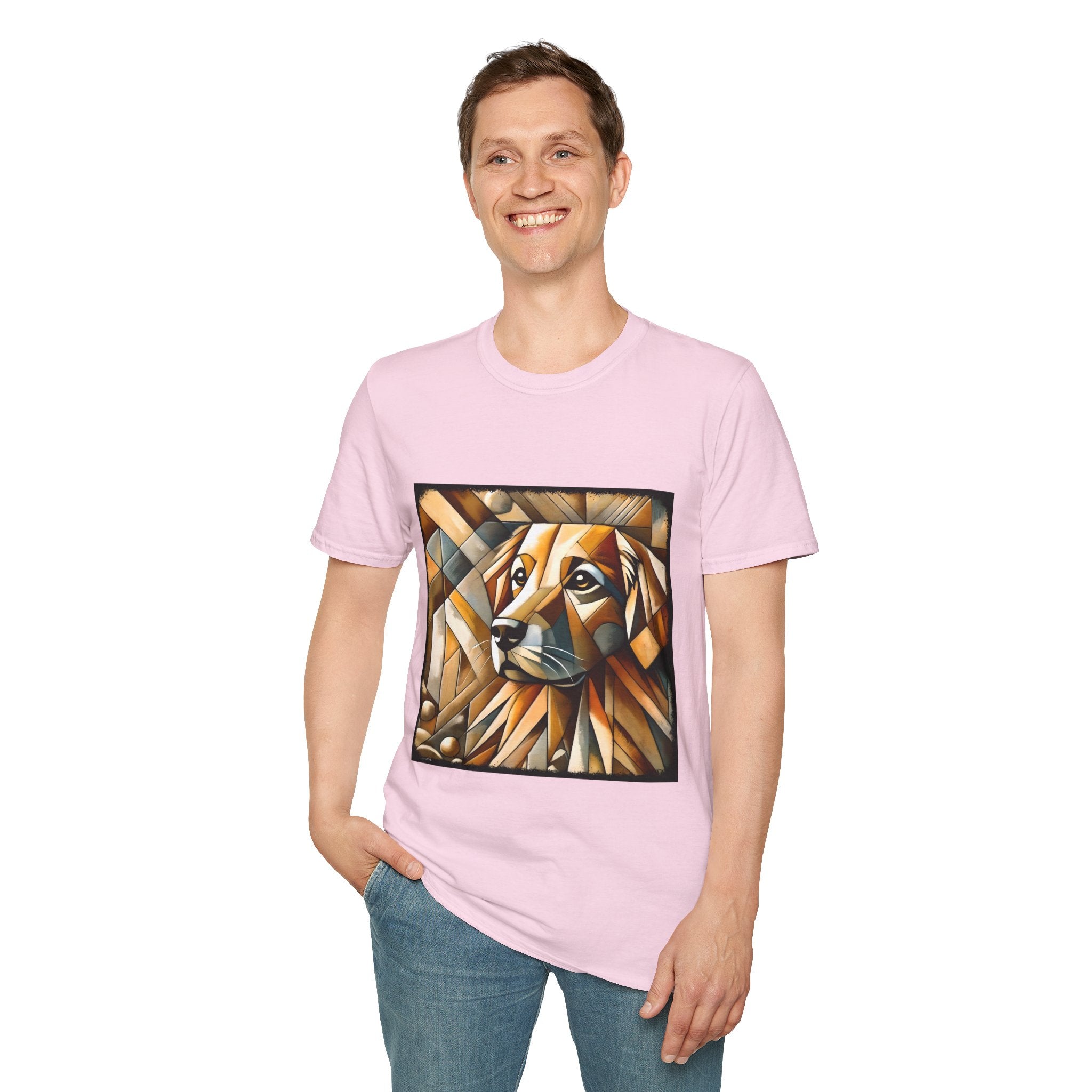 Male model in light pink dog t-shirt featuring golden retriever in geometric cubist style with warm amber and tan tones.