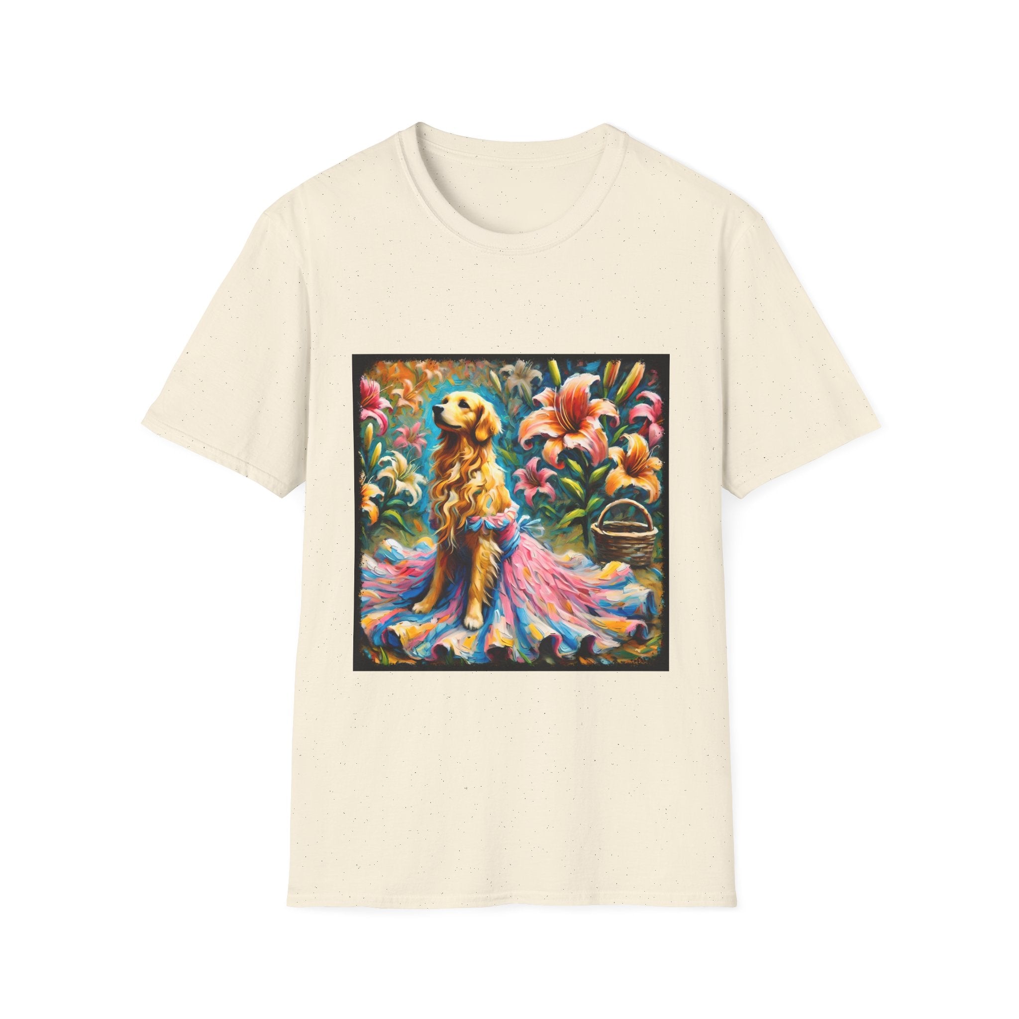 Natural dog t-shirt featuring golden retriever in pink-and-purple gown surrounded by vibrant tropical flowers.