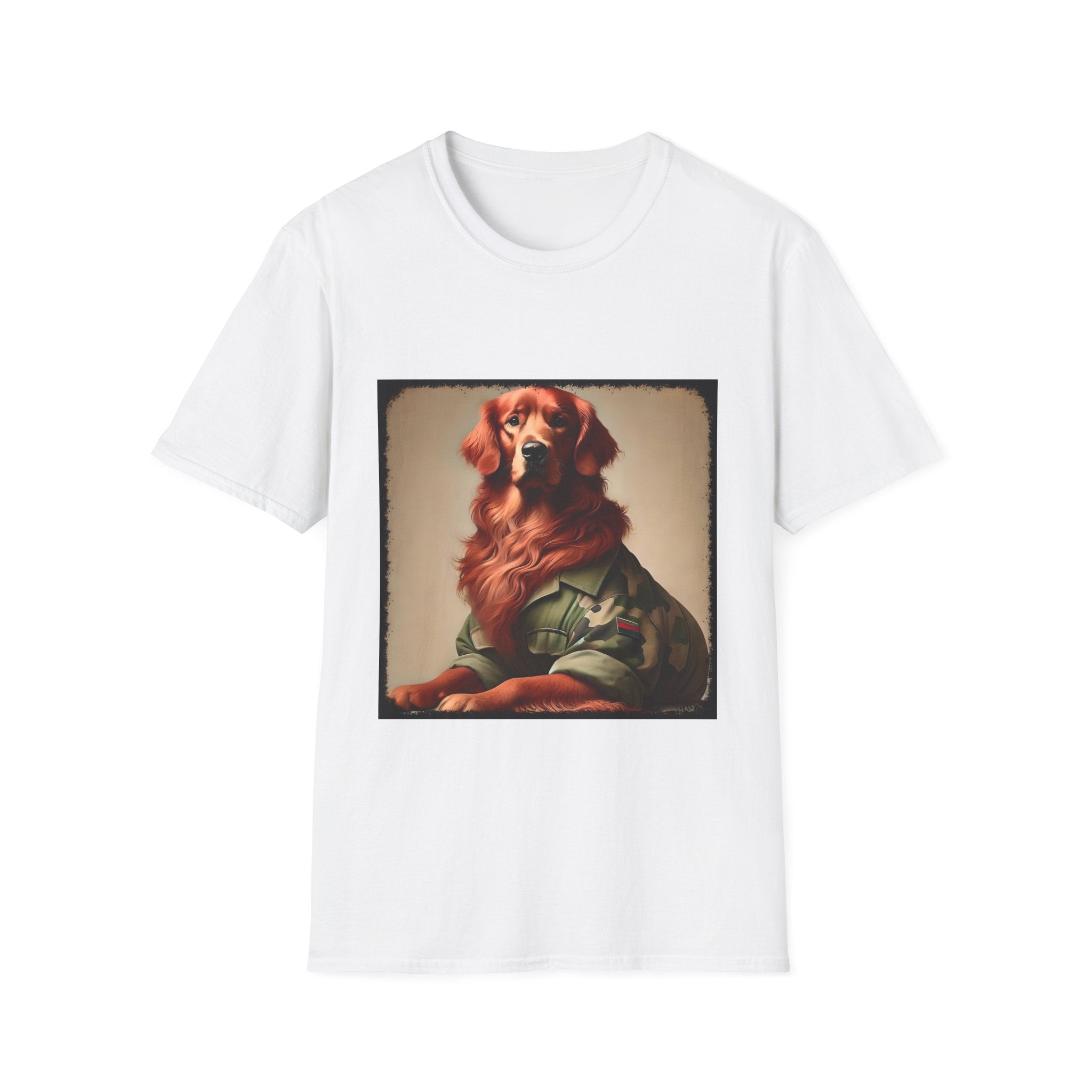 White dog t-shirt featuring golden retriever in camouflage jacket with flag patch, tan background.