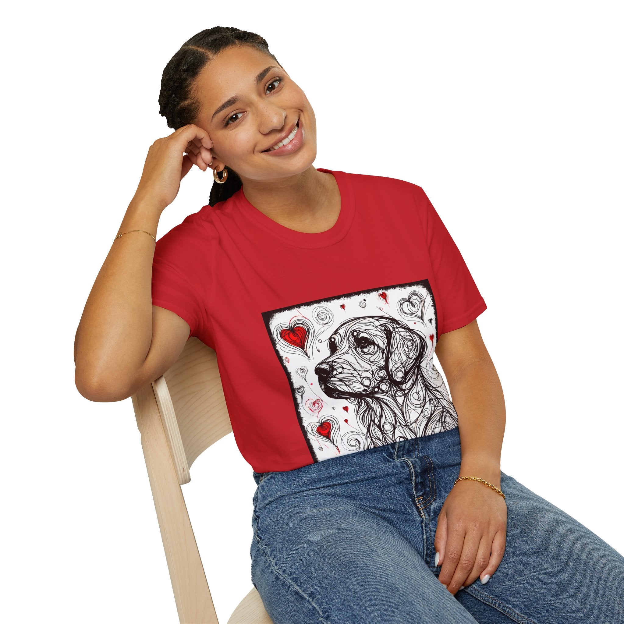 Female model in dog t-shirt with golden retriever line art and red hearts on white background with swirling abstract pattern.