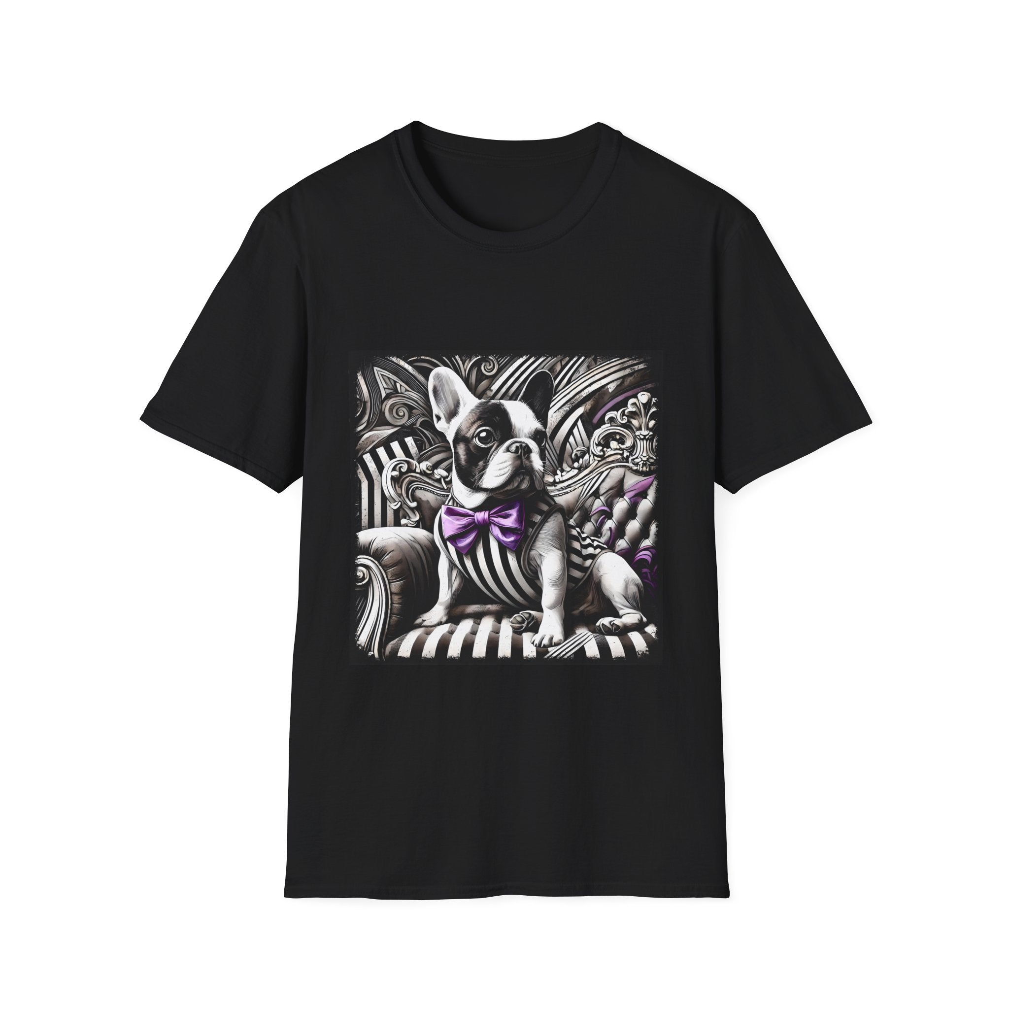 Black dog t-shirt with French Bulldog in striped suit, purple bowtie, and ornate black swirl backdrop.