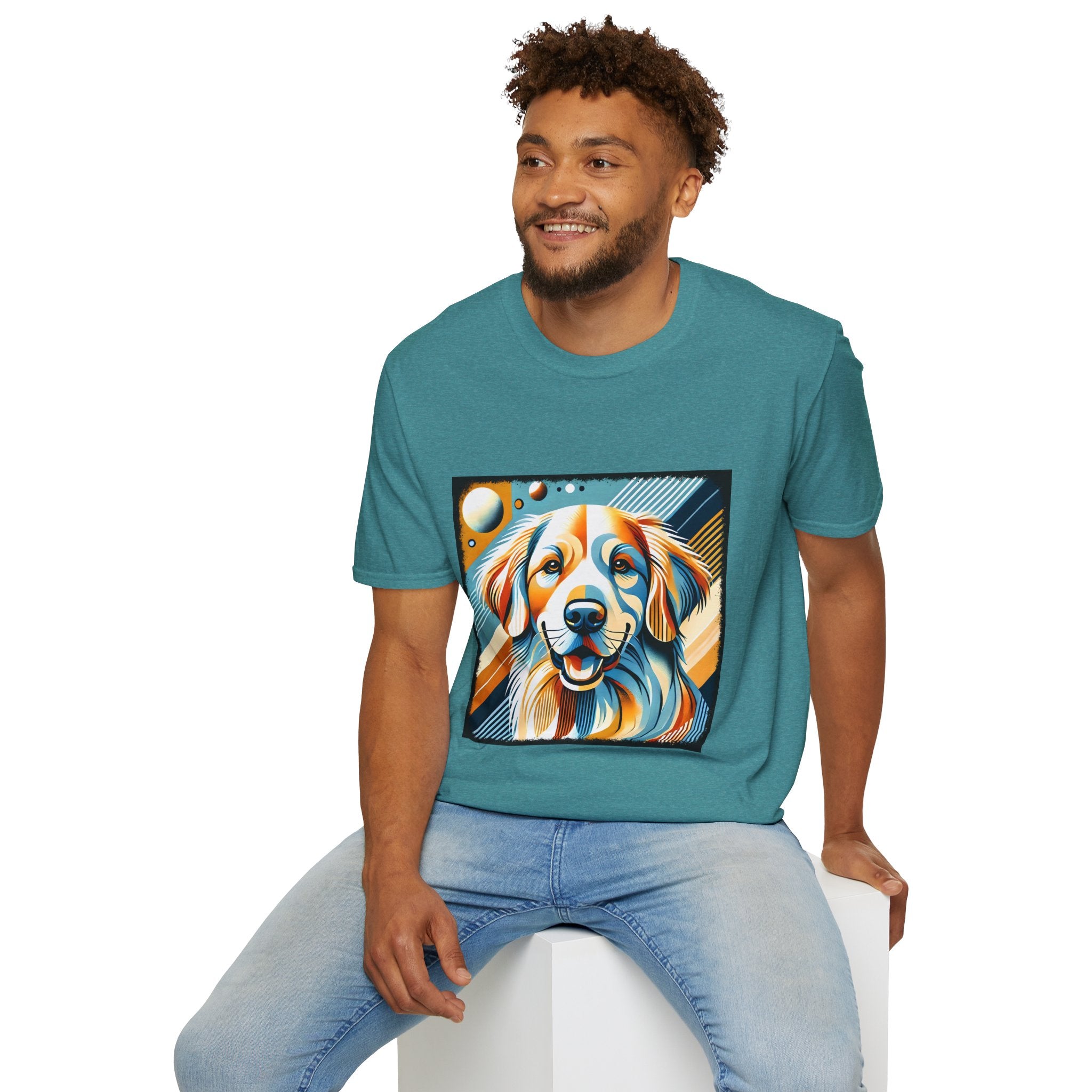 Male model in teal dog t-shirt featuring smiling golden retriever in abstract pop style with blue, orange, and cream tones.