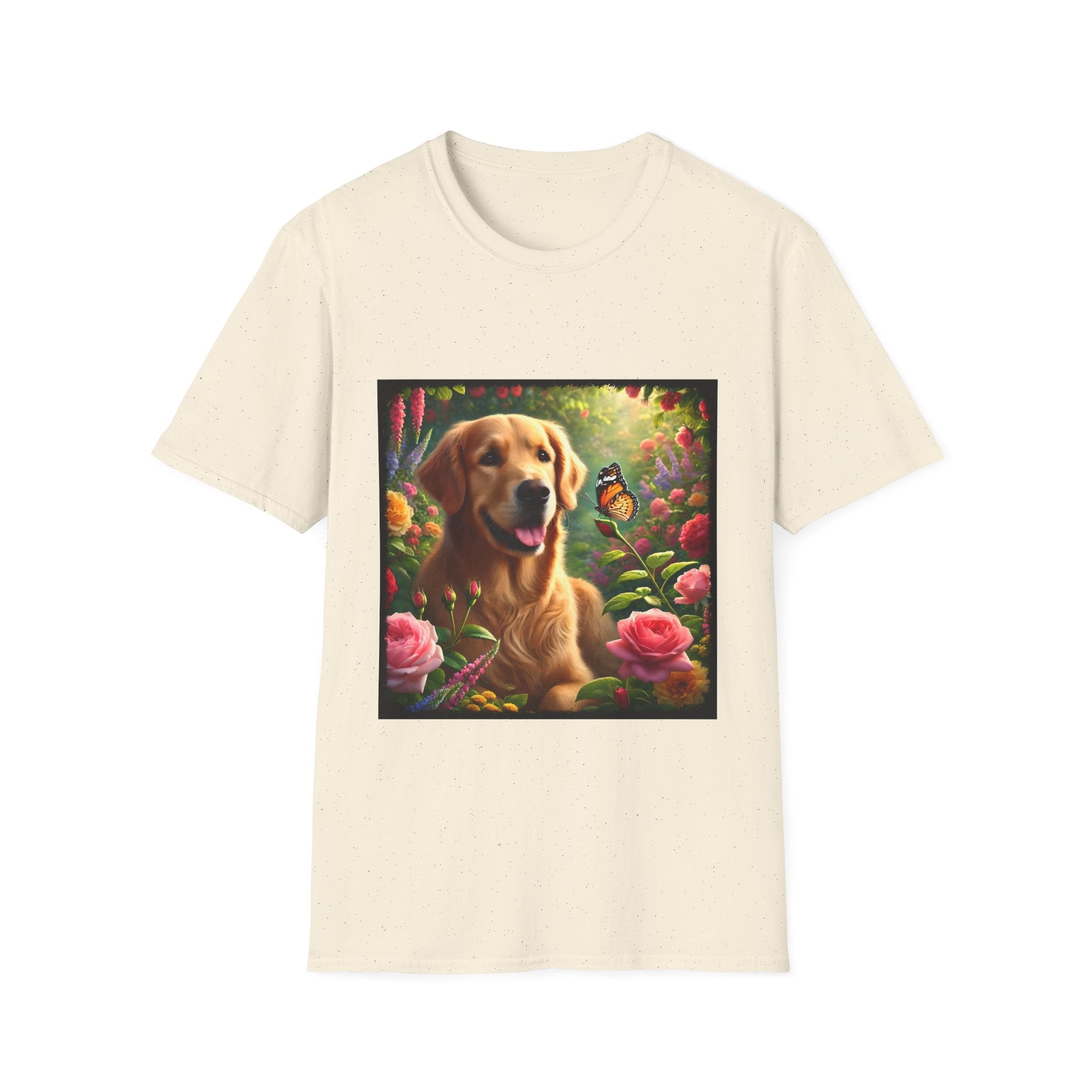 Natural dog t-shirt featuring a golden retriever in a vibrant garden with roses, wildflowers, and a butterfly.