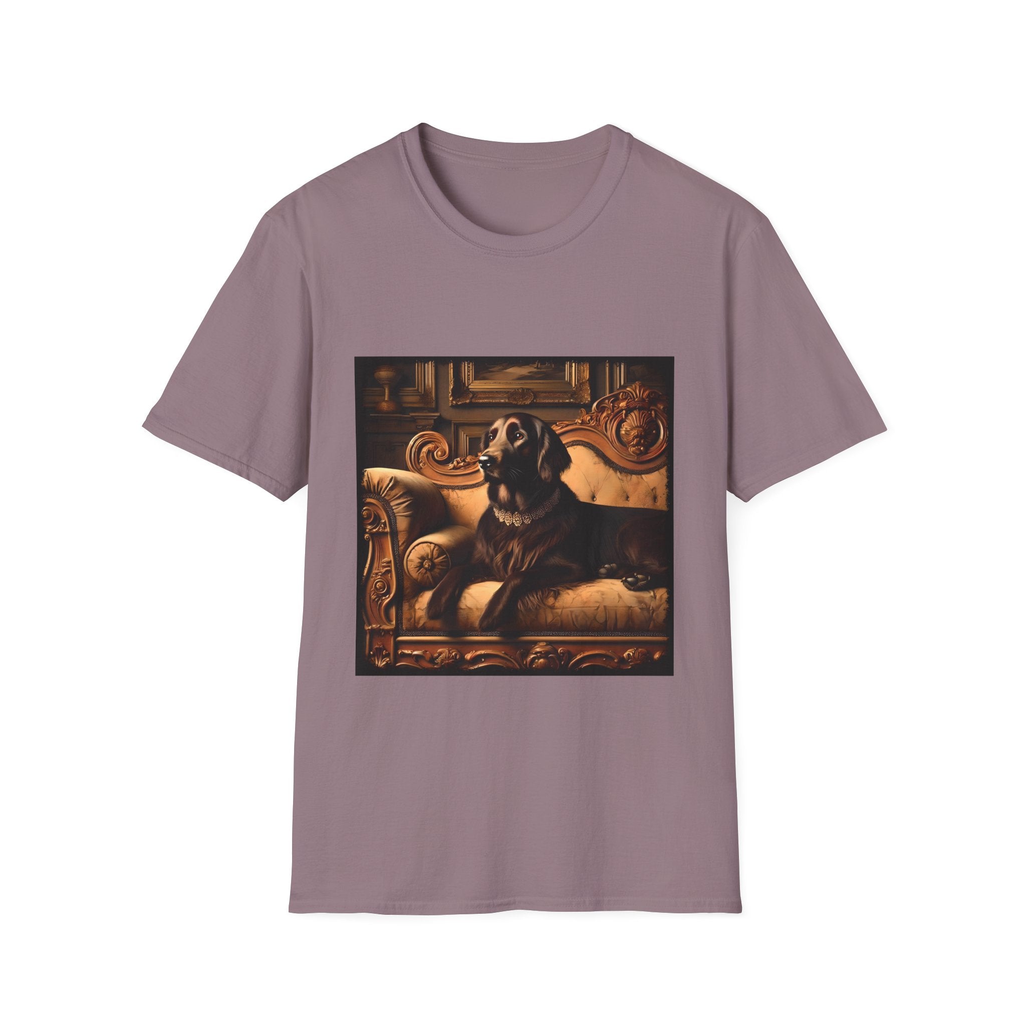 Mauve dog t-shirt featuring chocolate golden retriever on gold settee, jeweled collar in regal backdrop.
