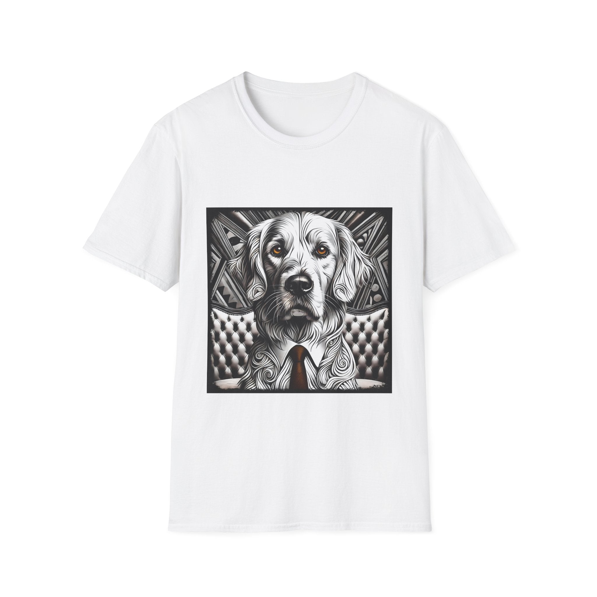 White dog t-shirt featuring monochrome golden retriever with brown eyes and tie in front of settee.