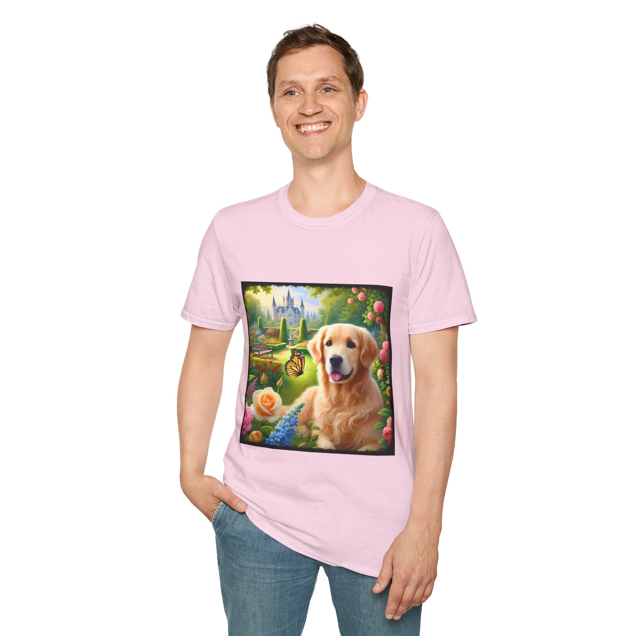 Male model wears light pink dog t-shirt featuring a golden retriever in a vibrant castle garden with blooming roses and a butterfly.