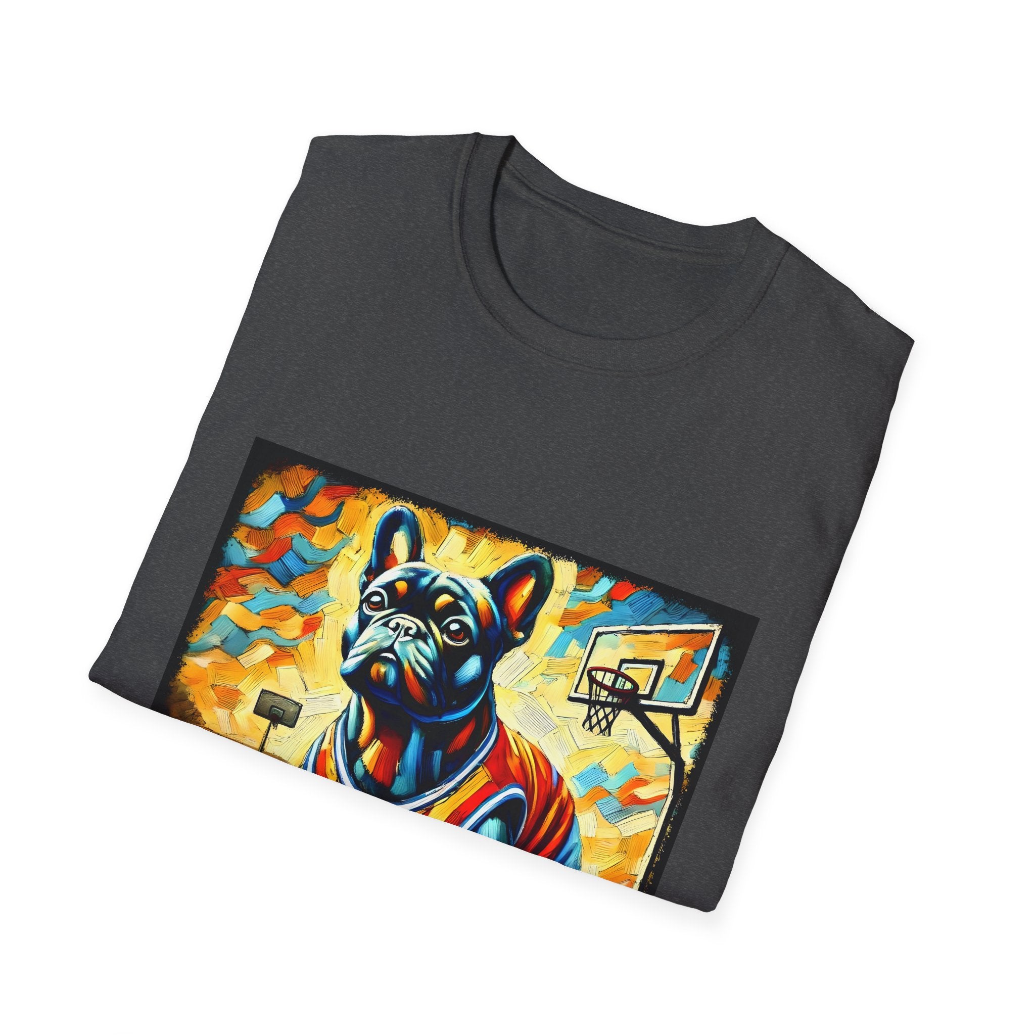Front view of folded dark heather dog t-shirt featuring French Bulldog in red jersey on basketball court, expressionism style.