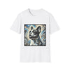 White dog t-shirt with black and white French Bulldog portrait on swirl-patterned vintage background.